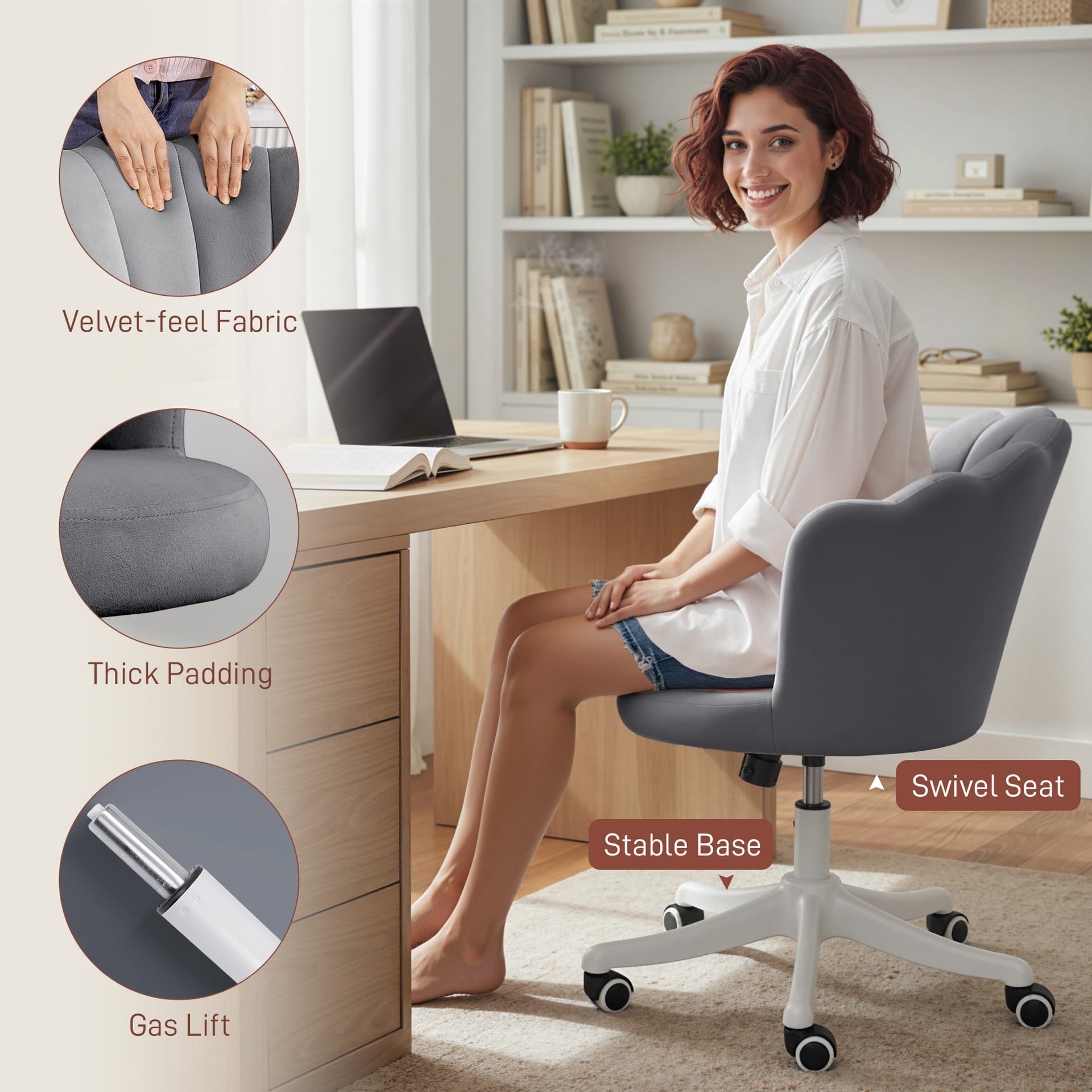Office Chair, Armless Swivel Desk Chair with Adjustable Height, Backrest, Tilt Function for Office, Vanity, Grey