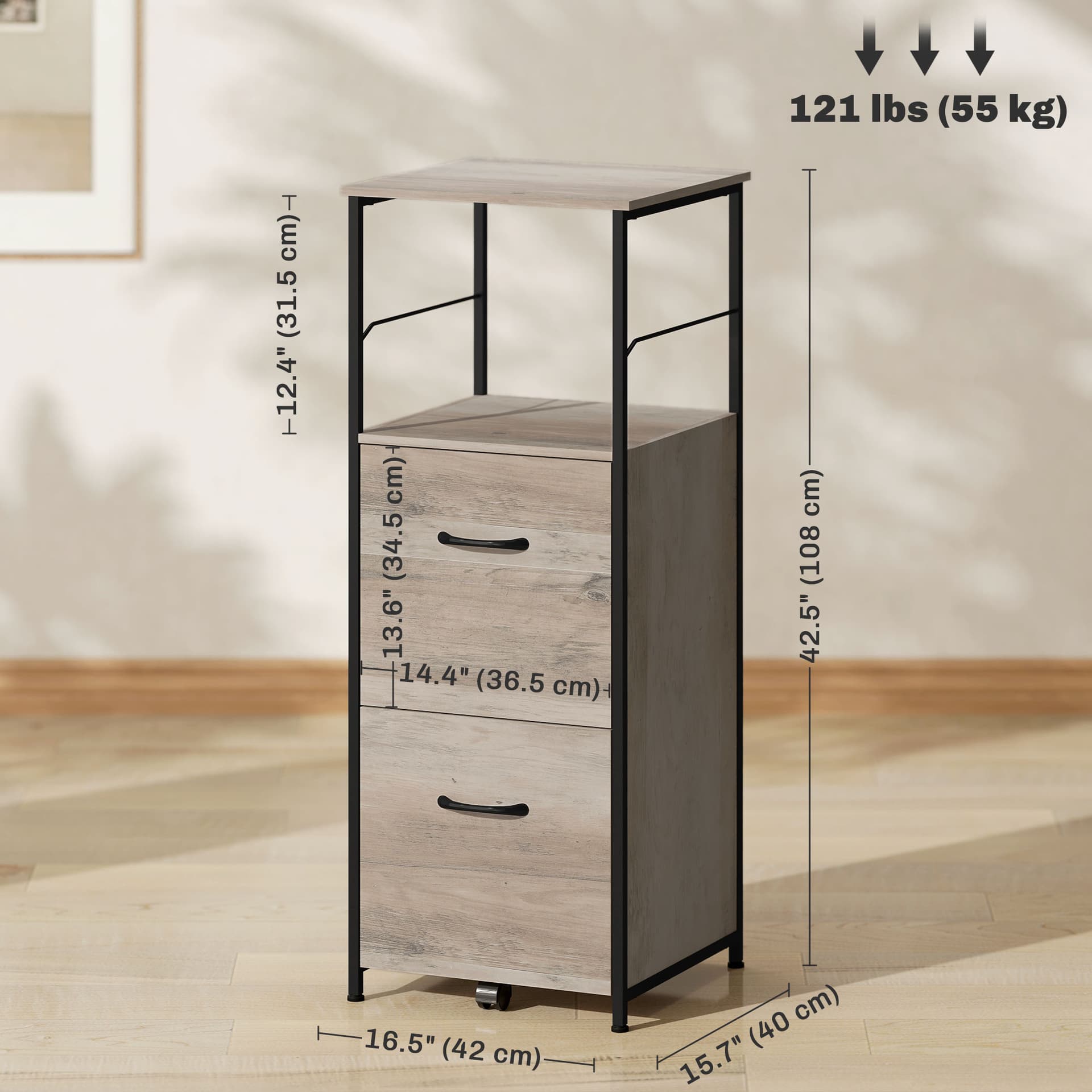 Vertical Filing Cabinet, Tall File Cabinet with 2 Drawers, Hanging Bars for Letter and A4 Size, Distressed Grey