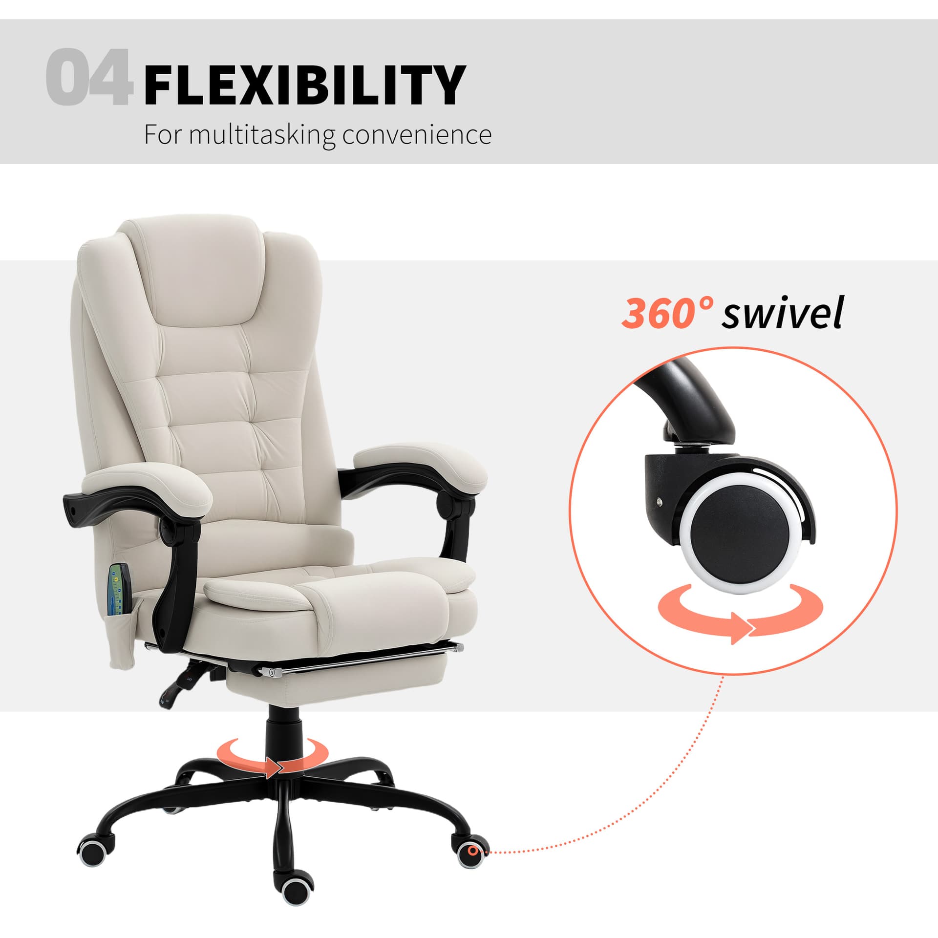 7-Point Vibrating Massage Chair, Reclining Office Chair with Footrest, Reclining Back, Adjustable Height, Beige