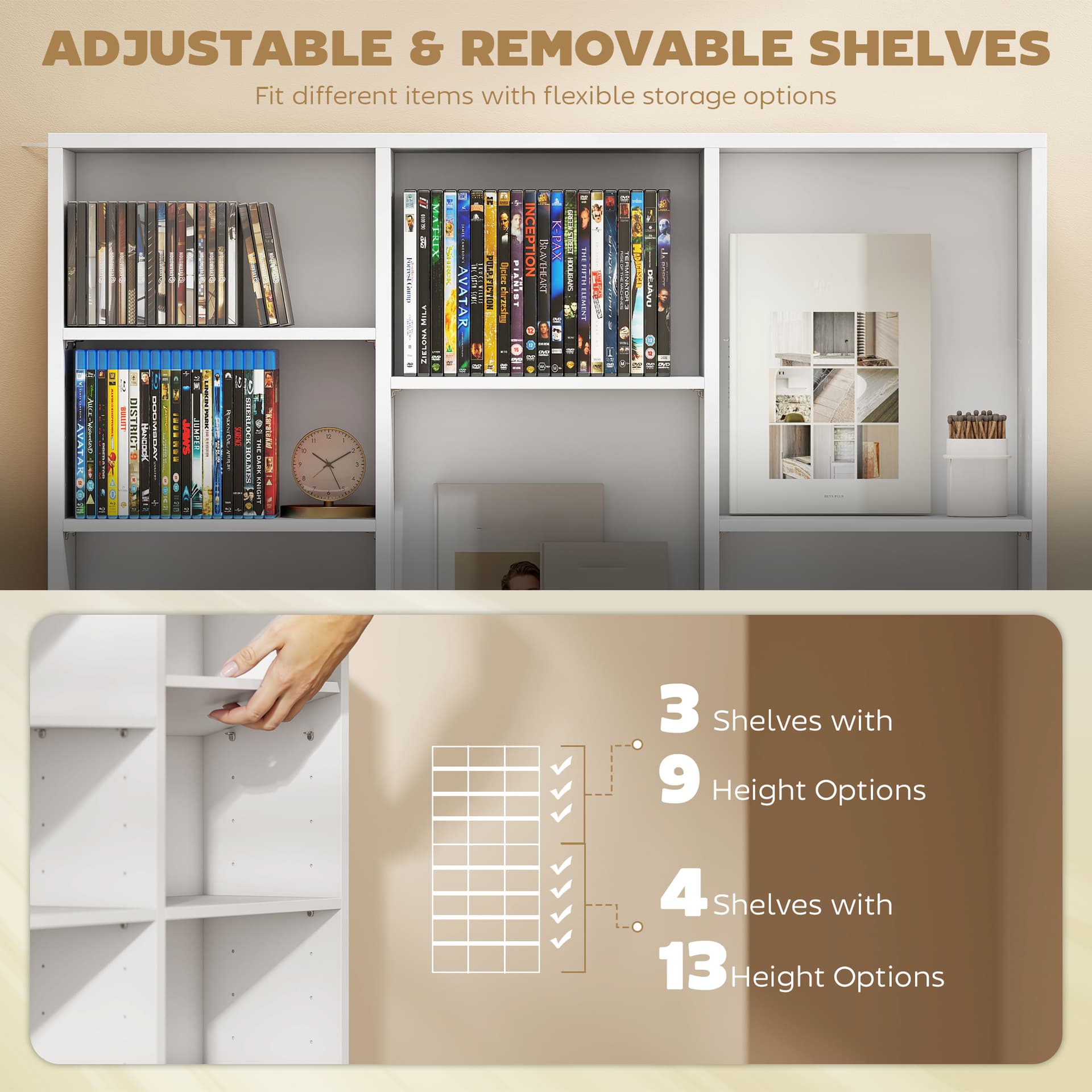 Media Storage Cabinet, 9-Tier DVD Shelf with 21 Adjustable Shelves, Holds 835 CDs, 500 DVDs or 640 Blu-rays, White