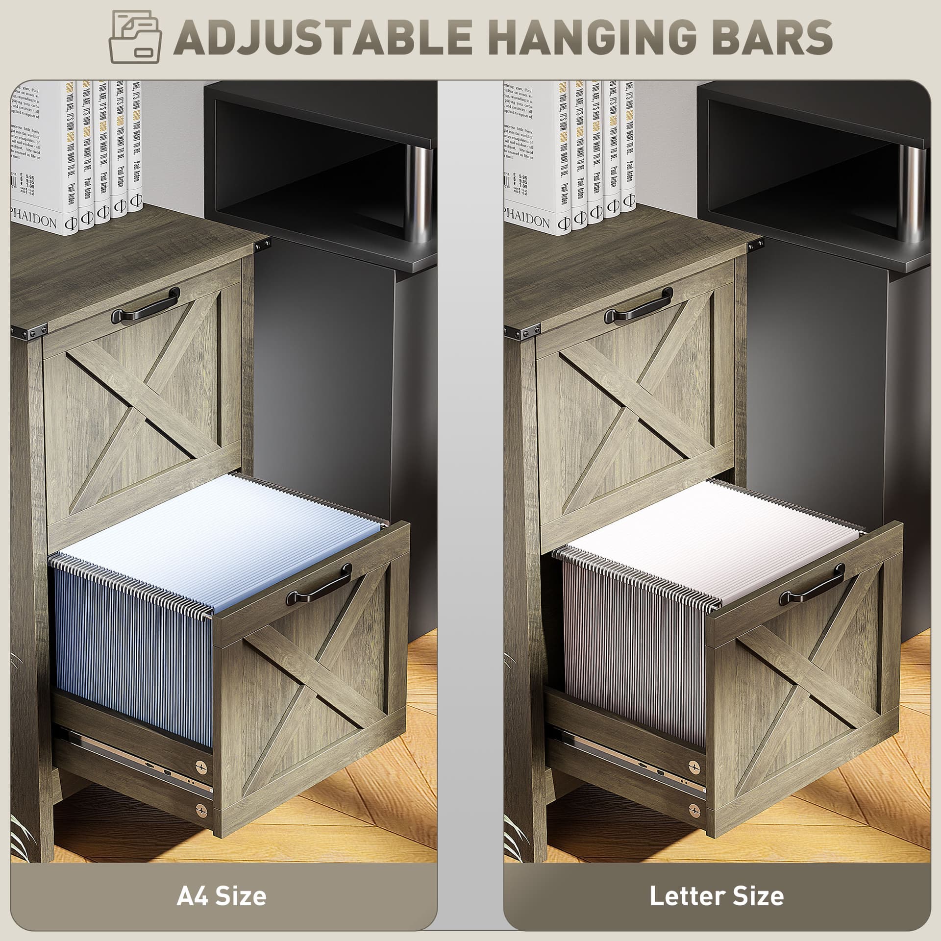 Vertical Filing Cabinet with 2 Drawers, Rustic Farmhouse Office Storage Cabinet for A4, Letter Size, Grey Wash