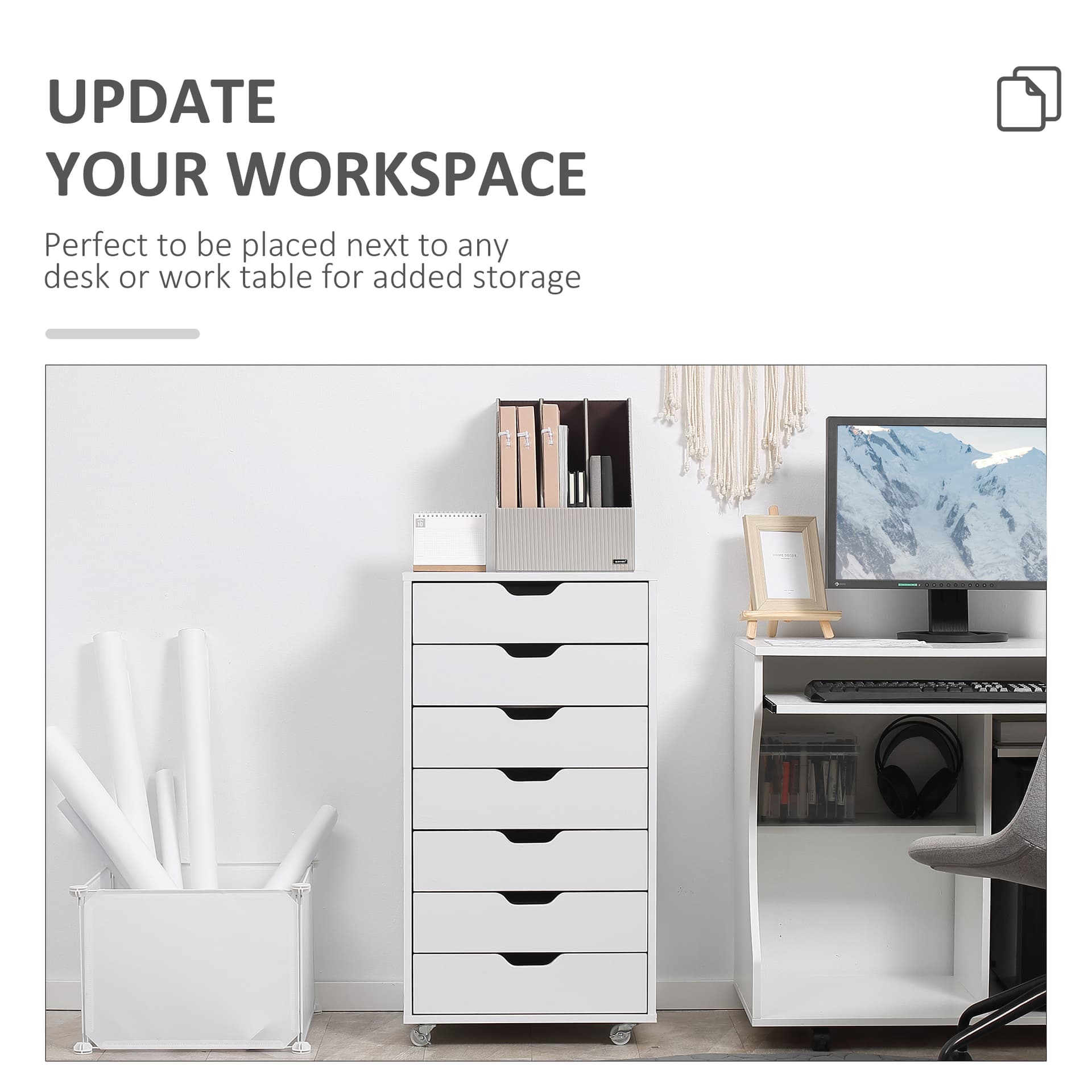 7-drawer Vertical File Cabinet for Home Office, Storage Cabinet with Wheels, 18.7"x15.6"x35.4", White