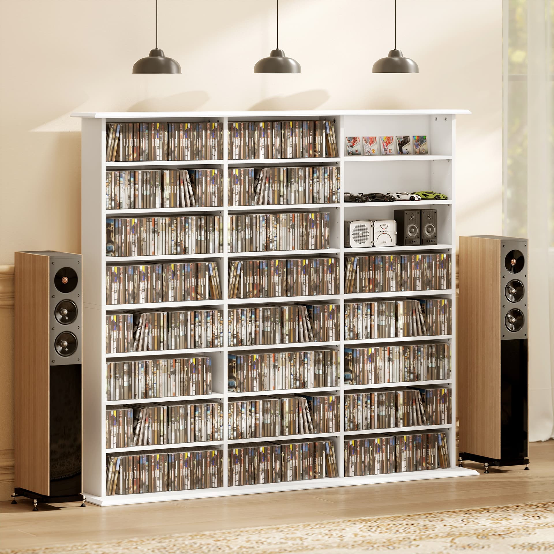 Media Storage Cabinet, 8-Tier DVD Shelf with 18 Adjustable Shelves, Holds 1032 CDs, 594 DVDs or Blu-rays, White