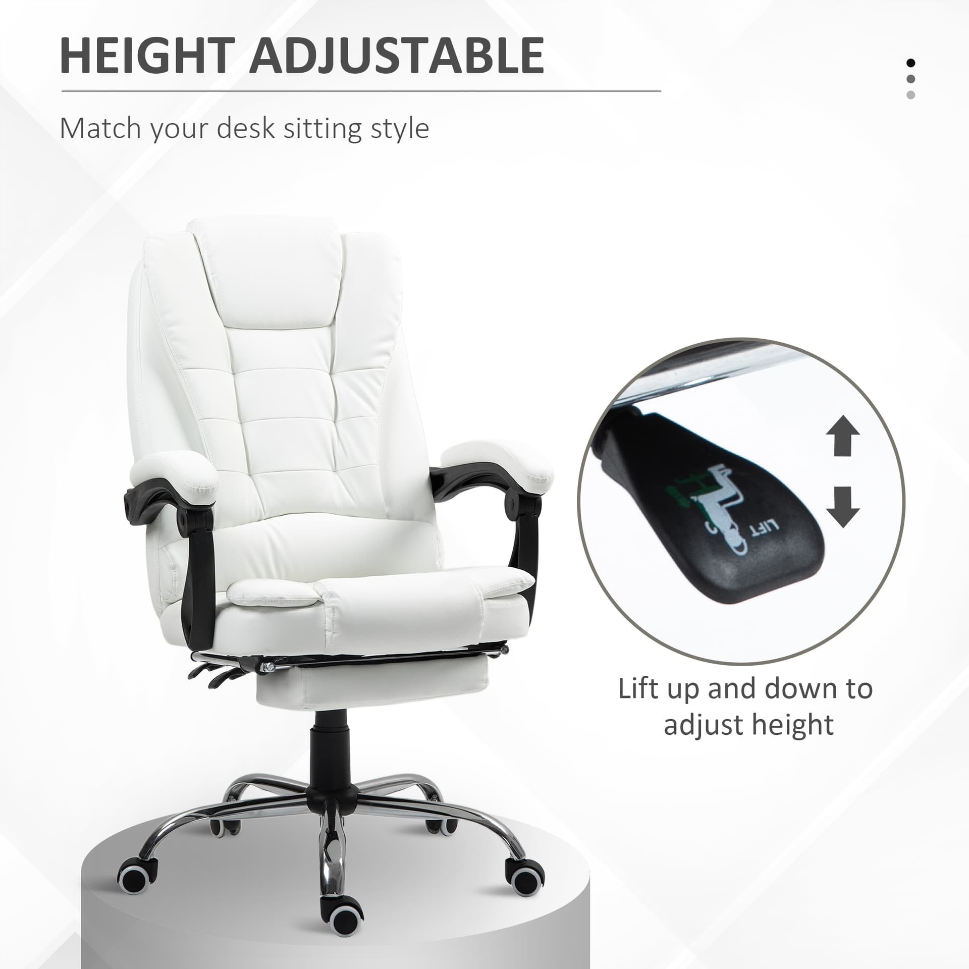 High Back Office Chair PU Leather Executive Office Chair with Retractable Footrest Padded Armrest White
