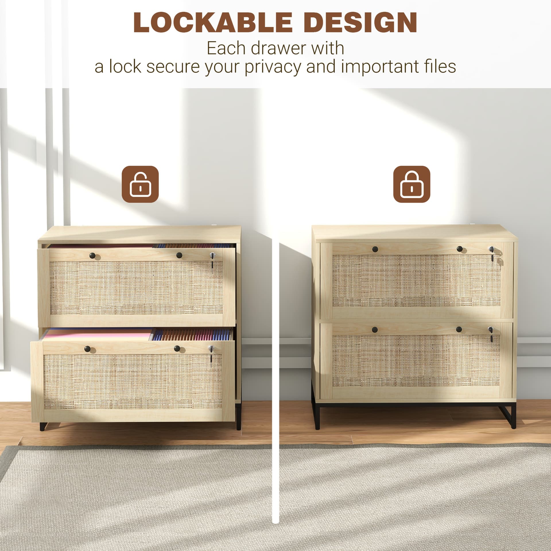 2-Drawer Filing Cabinet with Lock, Rattan File Cabinet with Adjustable Hanging Bar, Natural