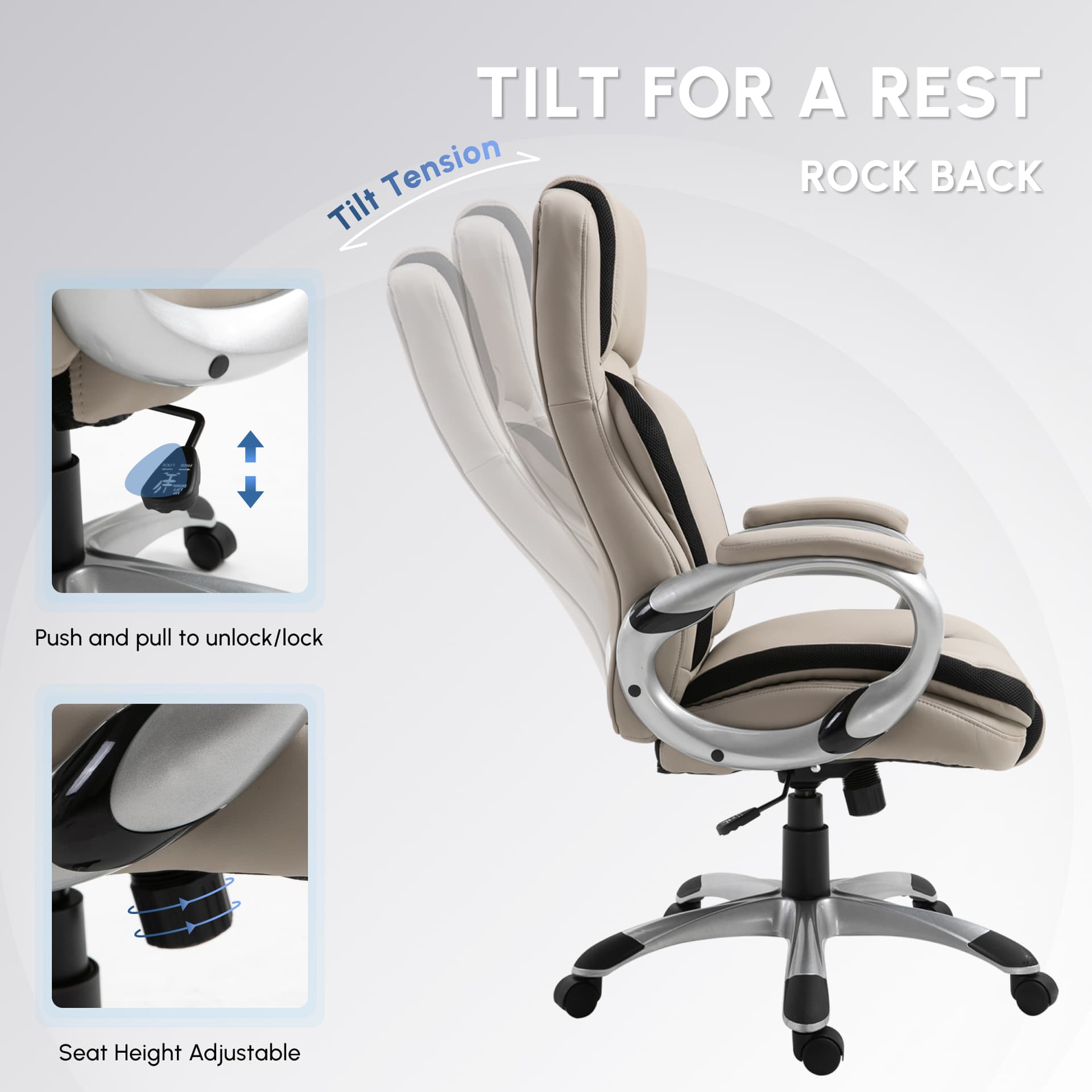 Ergonomic Office Chair PU Leather Executive on Rolling Wheels Task Computer Height Adjustable Swivel Ergonomic, Greige and Black