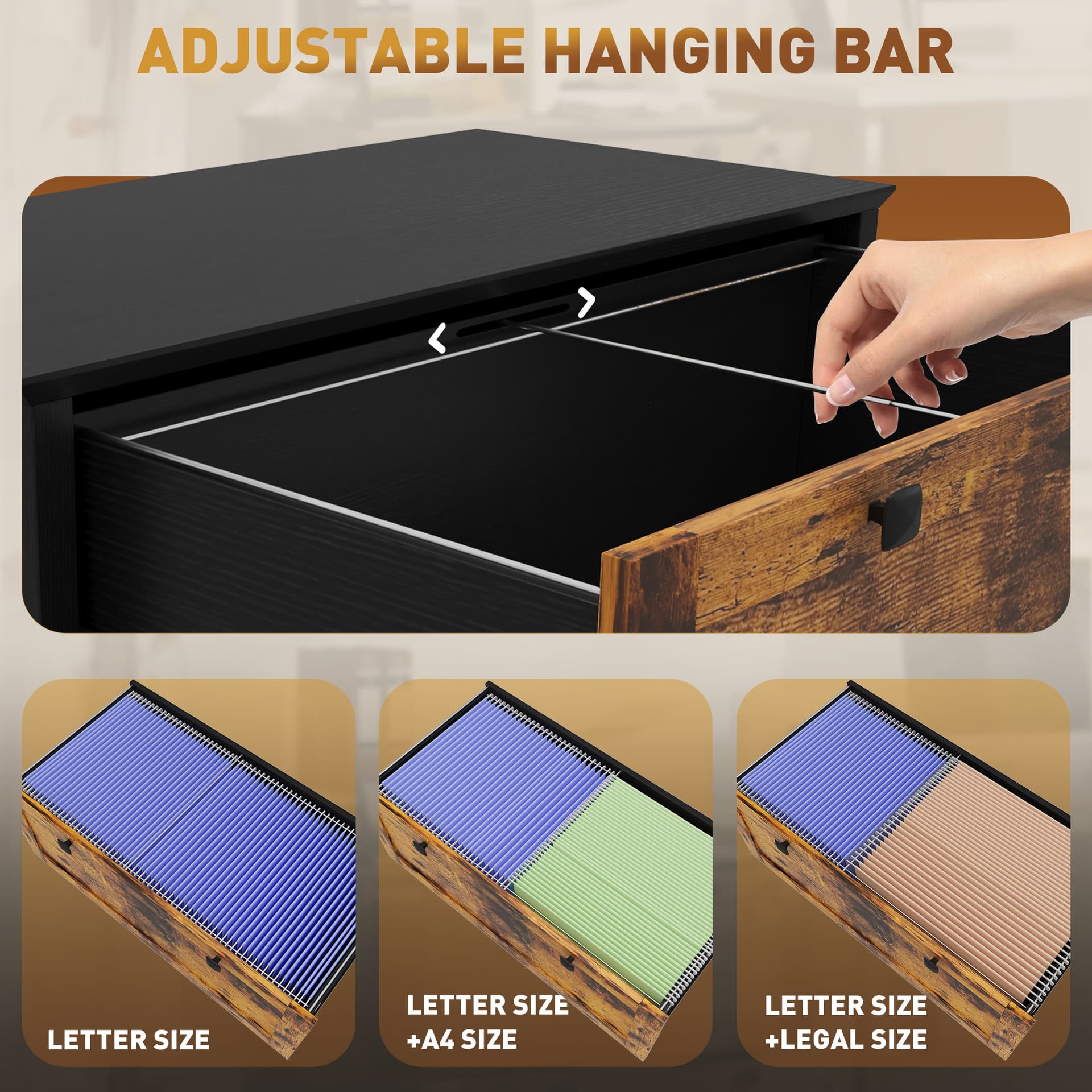 2 Drawer File Cabinet, Lockable Filing Cabinet with Adjustable Hanging Bar for Letter, A4 Size, Rustic Brown