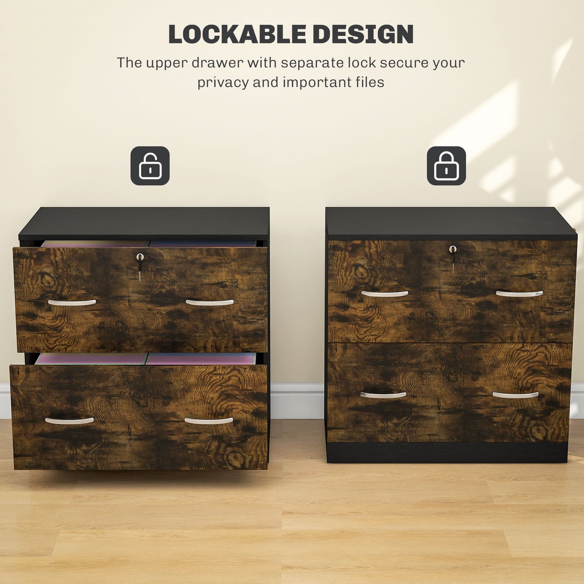 2 Drawer File Cabinet with Lock, Office Filing Cabinet, Hanging Bar for Letter Size, Home Office, Rustic Brown
