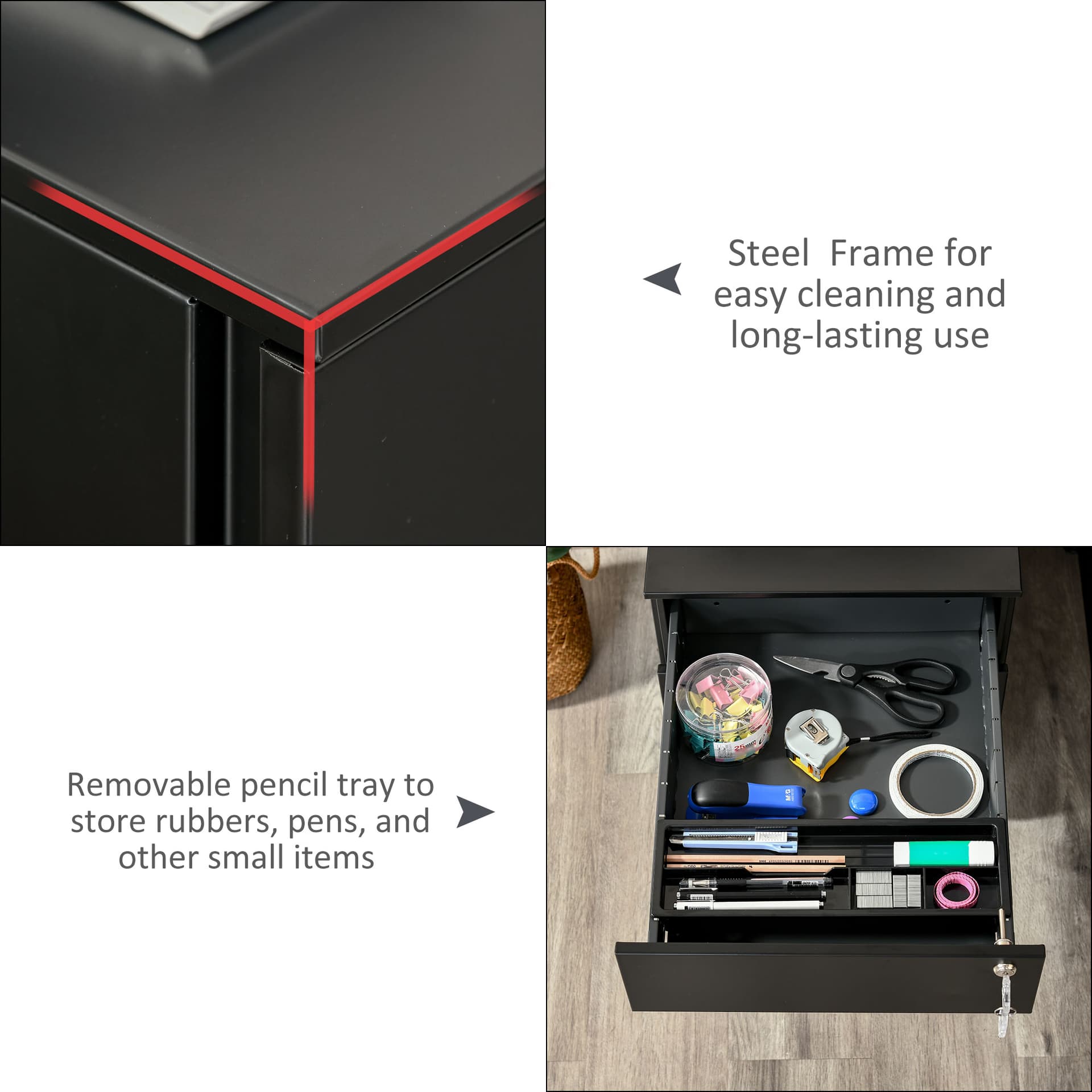 Lockable File Cabinet, Steel Filing Cabinet on Wheels for Legal, A4, Letter Size, with Pencil Tray for Home Office