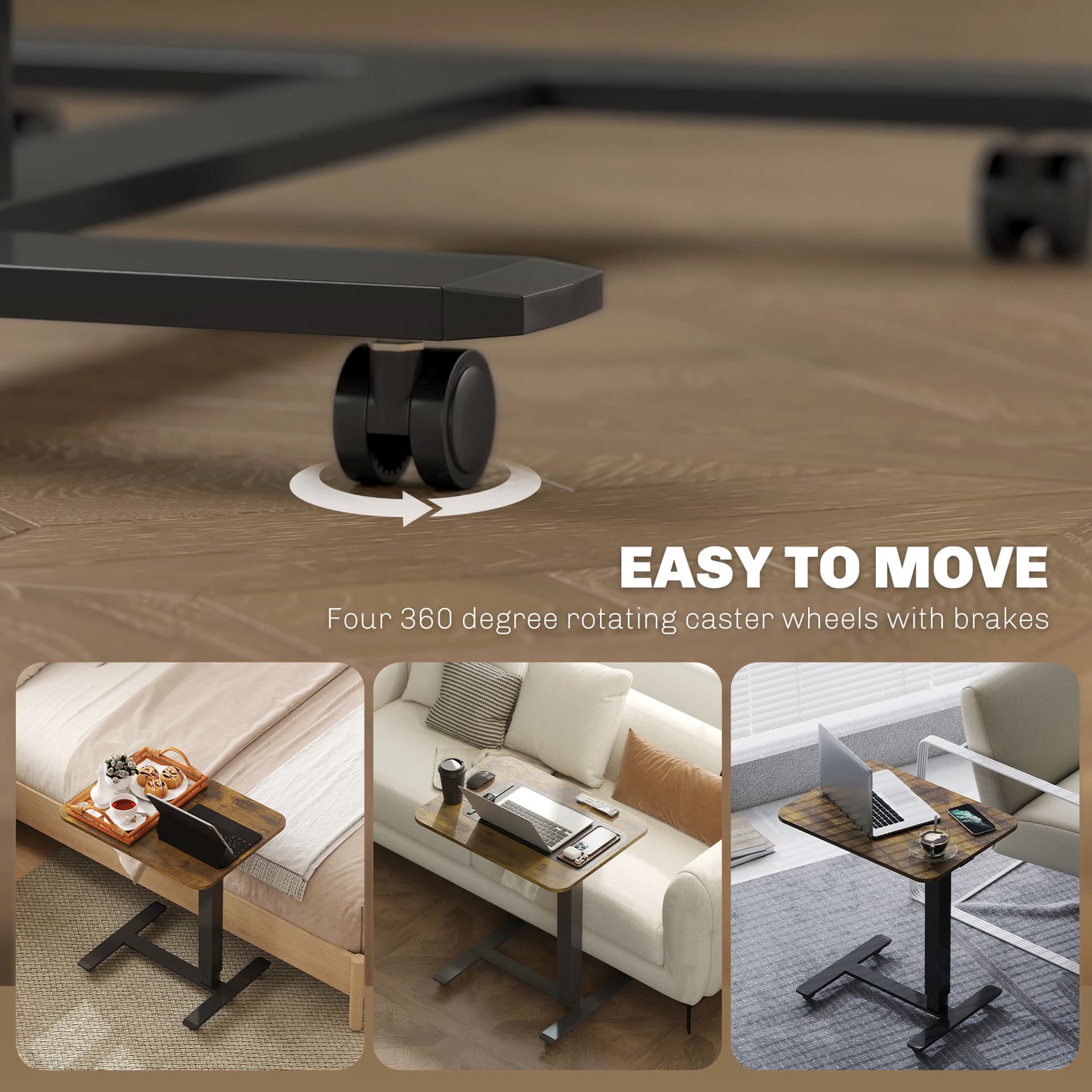 Pneumatic Standing Desk Adjustable Height, Mobile Stand Up Desk with Wheels, 43 Inch Rolling Table, Rustic Brown
