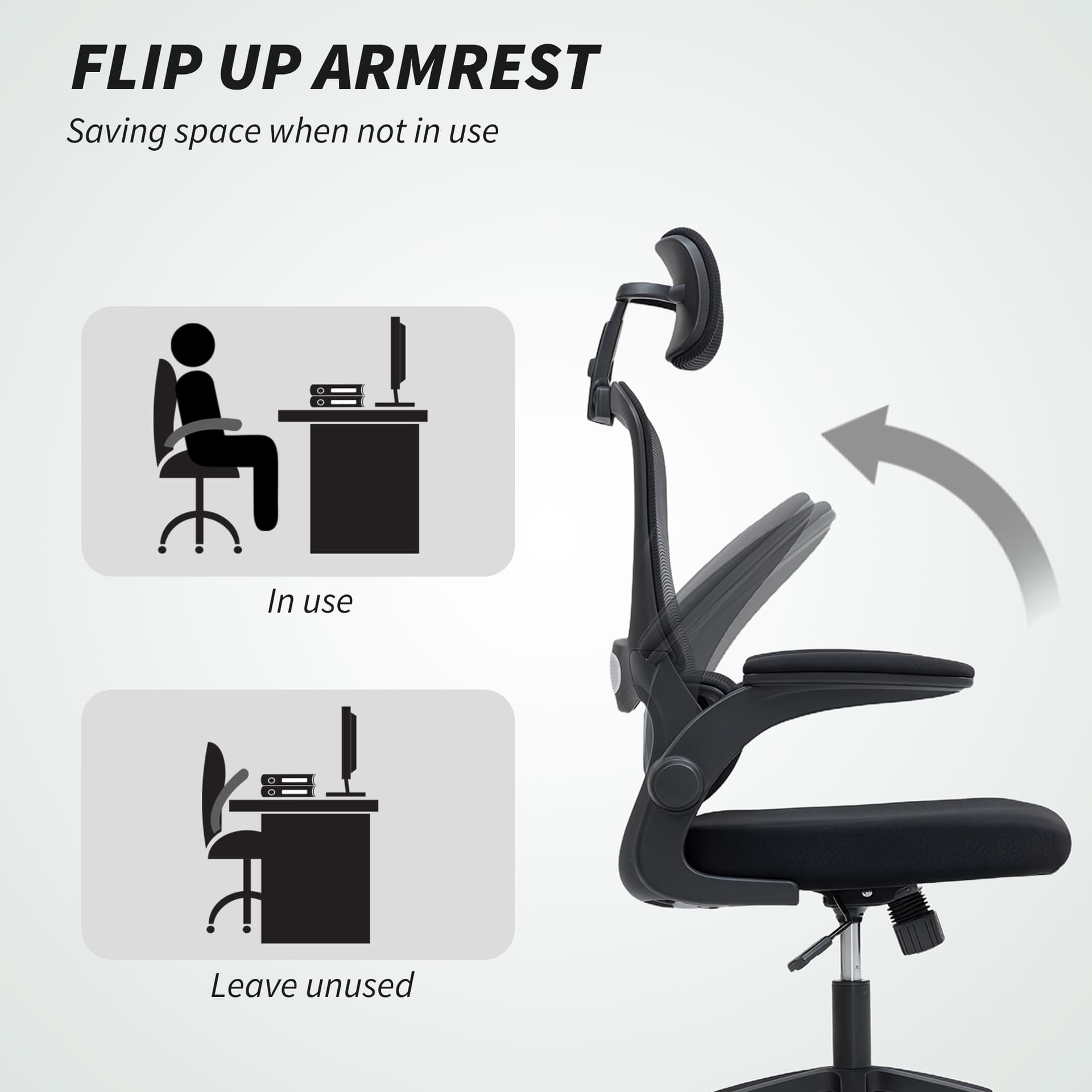 Ergonomic Mesh Office Chair, High Back Desk Chair with Rotatable Headrest, Flip-Up Armrests, Lumbar Support, Black