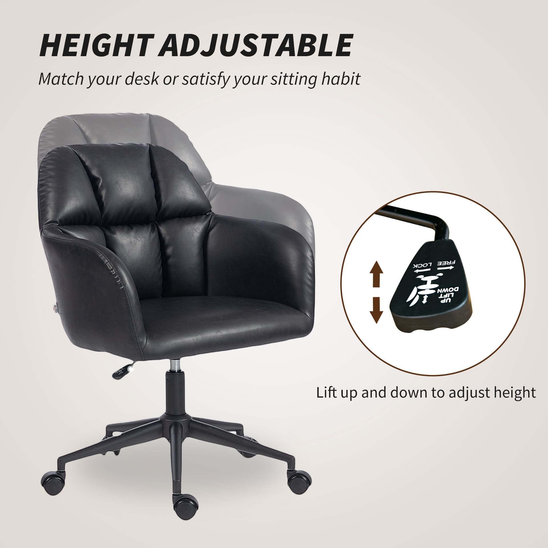 Swivel Office Chair, Faux Leather Desk Chair with Adjustable Height, Study, Black