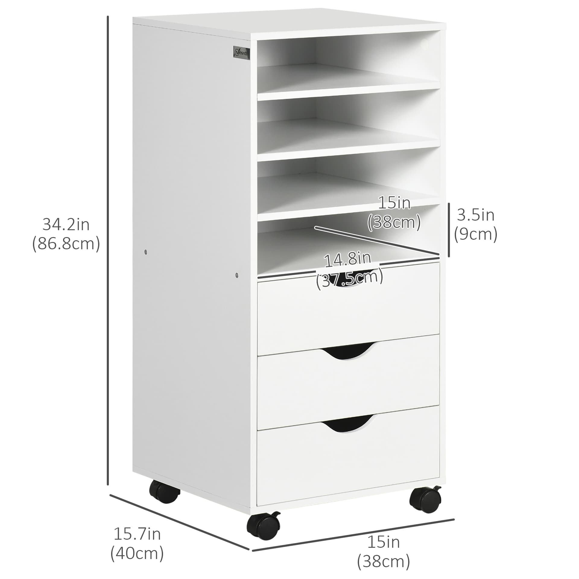 Vertical Filing Cabinet, Mobile File Cabinet on Wheels with 3 Drawers and 4 Open Shelves, Printer Stand with Lockable Casters for Home Office, White