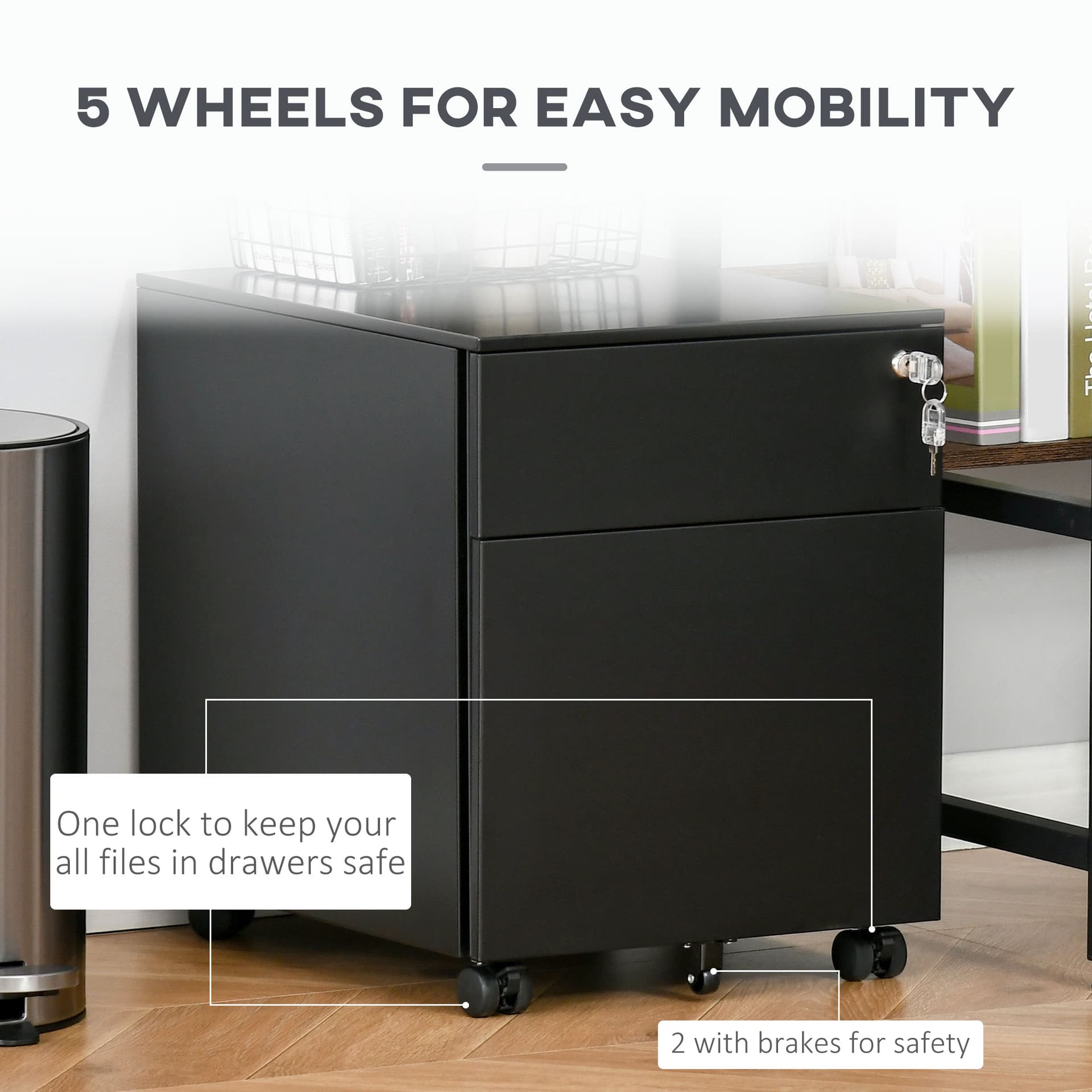 Lockable File Cabinet, Steel Filing Cabinet on Wheels for Legal, A4, Letter Size, with Pencil Tray for Home Office