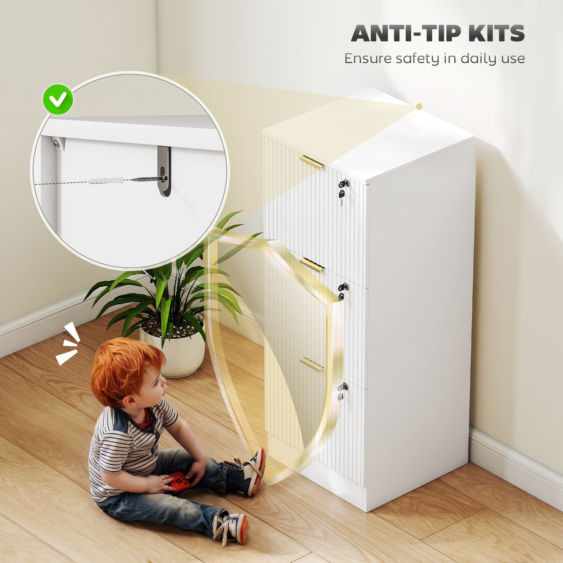 Lockable Filing Cabinet with 3 Fluted Drawers, File Cabinet with Adjustable Hanging Rails for A4 Letter Files, White
