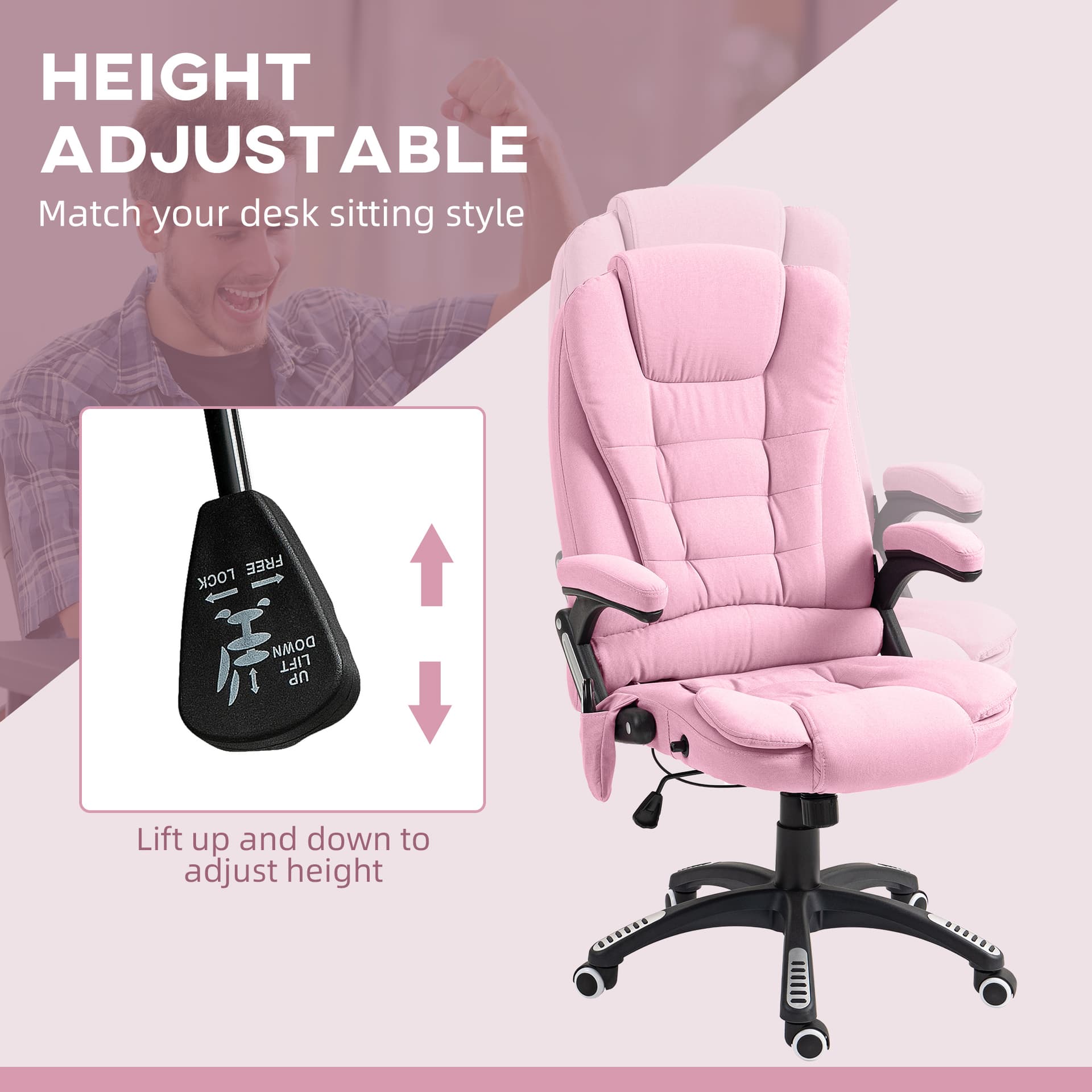 6 Point Vibrating Massage Home Office Chair High Back Executive Chair with Reclining Back, Swivel Wheels, Pink