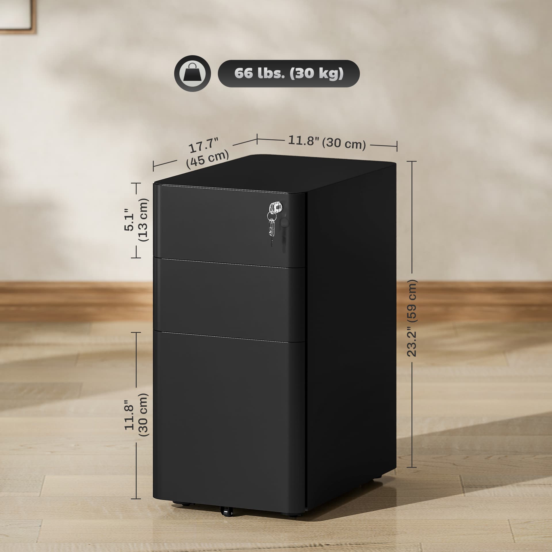 3 Drawer Filing Cabinet, Lockable Steel Office Storage Cabinet with Hanging Bar for Letter, A4, Legal Files, Black