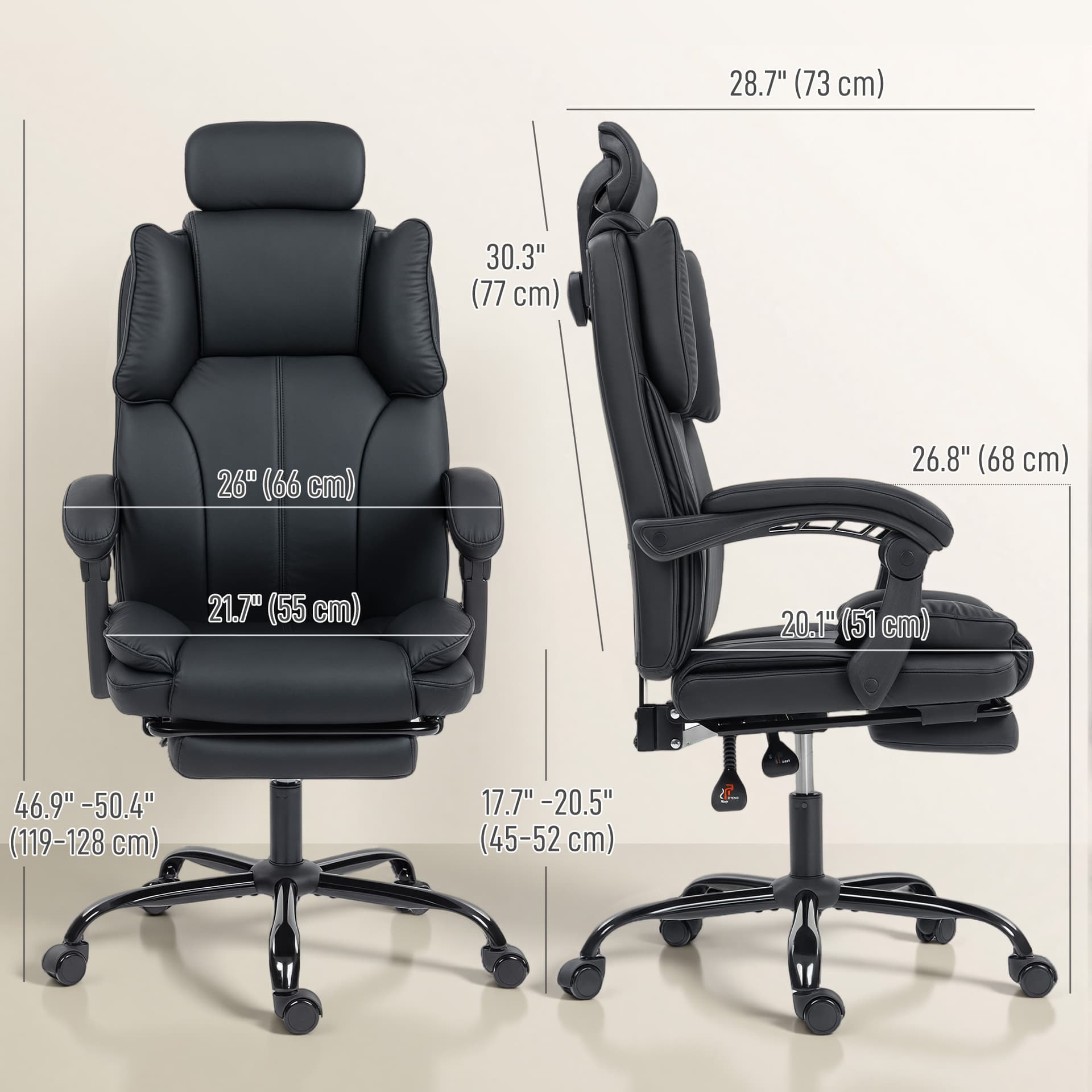 Reclining Office Chair, Executive Desk Chair with Pet-Friendly Fabric, Headrest, Footrest, Swivel Wheels, Black