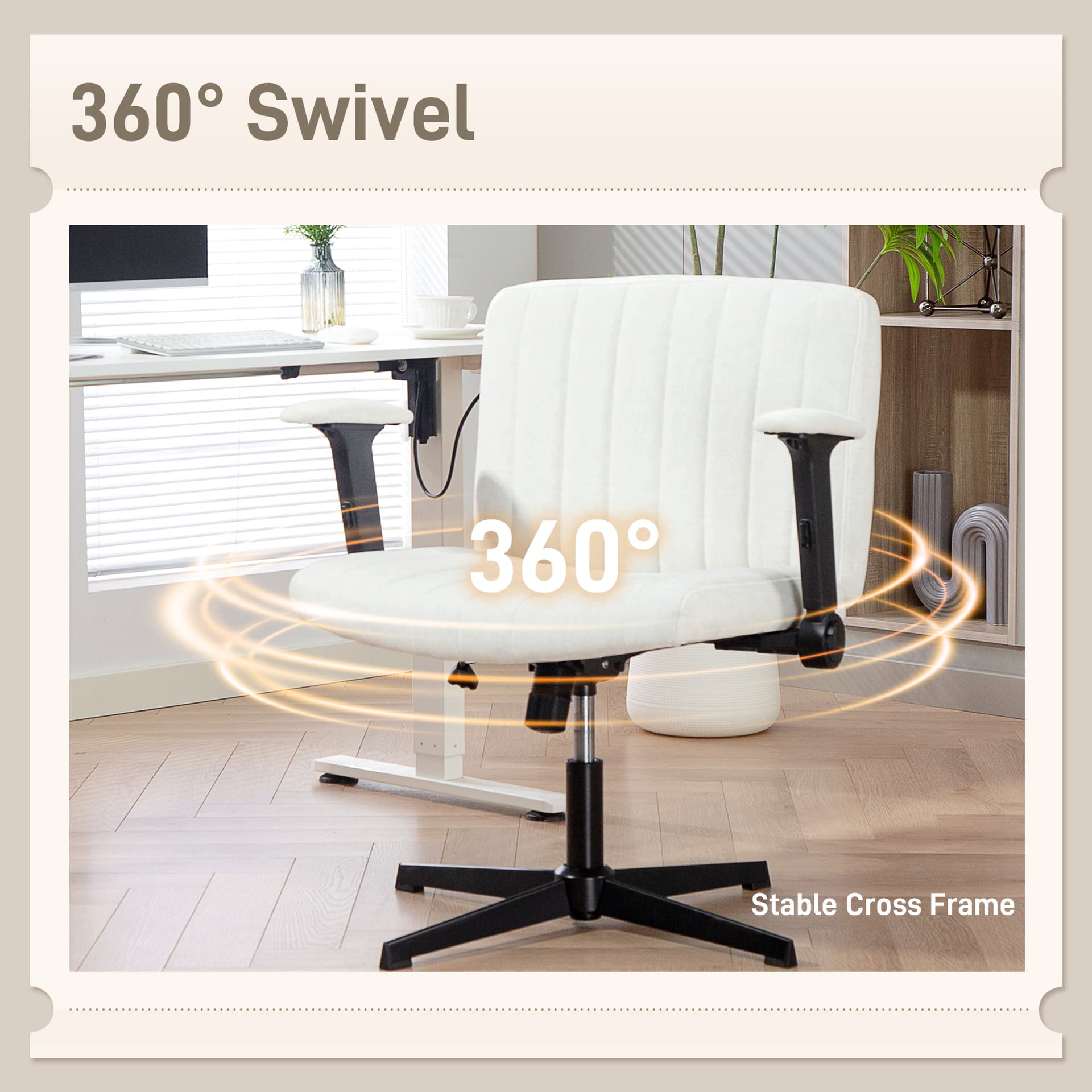 Criss Cross Chair with Flip-up Armrests, Wide Office Chair with Adjustable Height, Tilting, No Wheels, Beige