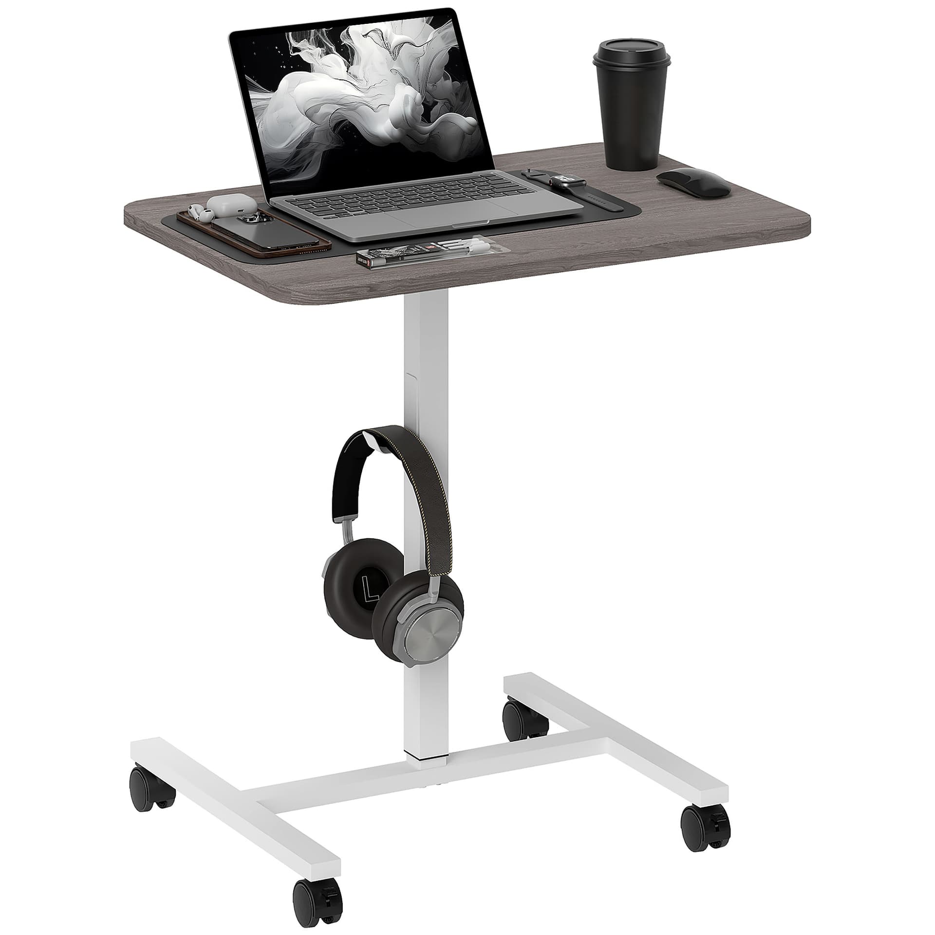 Height Adjustable Standing Desk, Pneumatic Sit Stand Desk with Wheels and Headphone Hook for Home Office, Grey - Standing Desks - Office Furniture