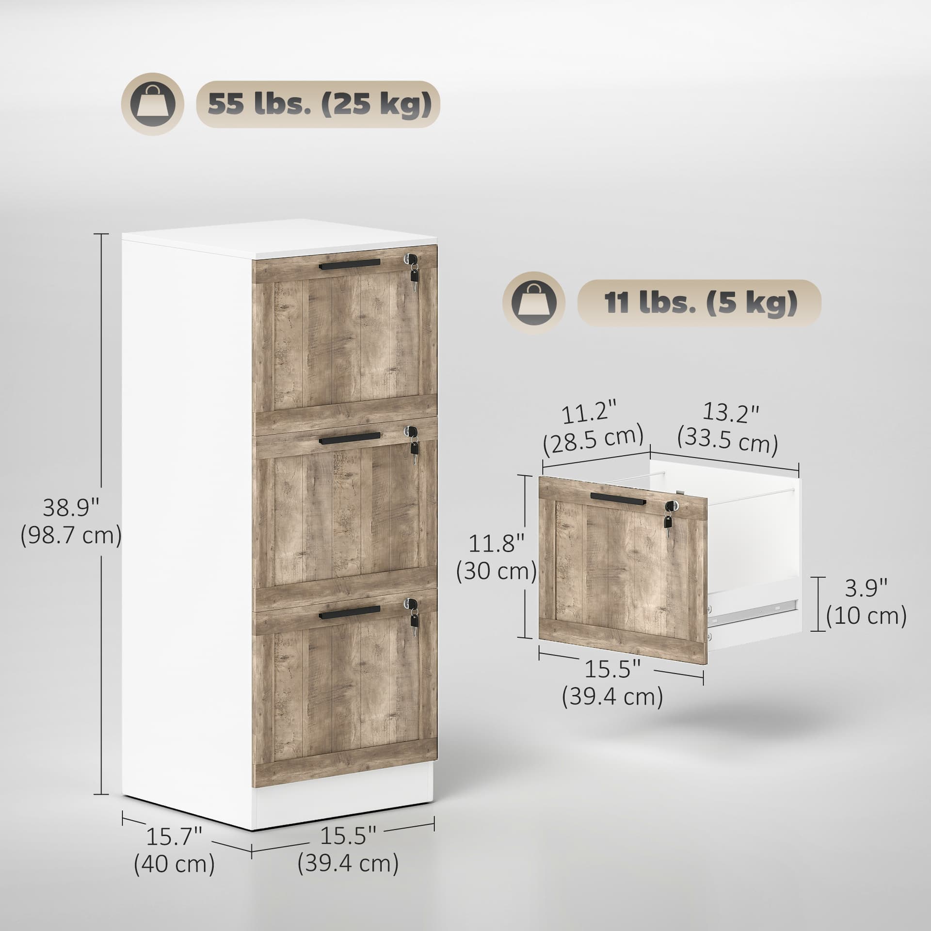 3 Drawer Filing Cabinet, Farmhouse File Cabinet with Lock, Adjustable Hanging Rails for A4 Letter Size Files, White