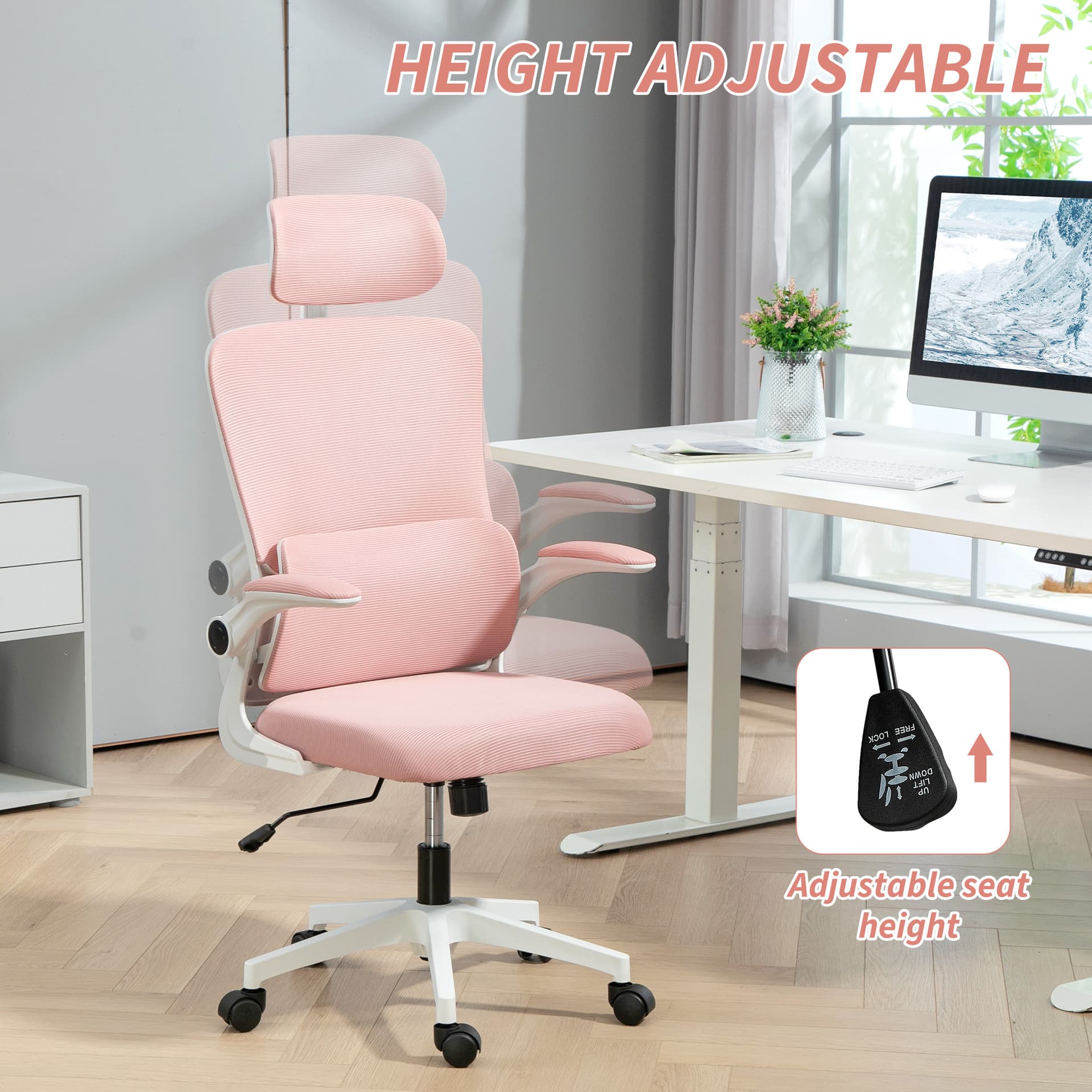 High Back Office Chair, Mesh Computer Desk Chair with Rotatable Headrest, Lumbar Back Support, Adjustable Height, Pink