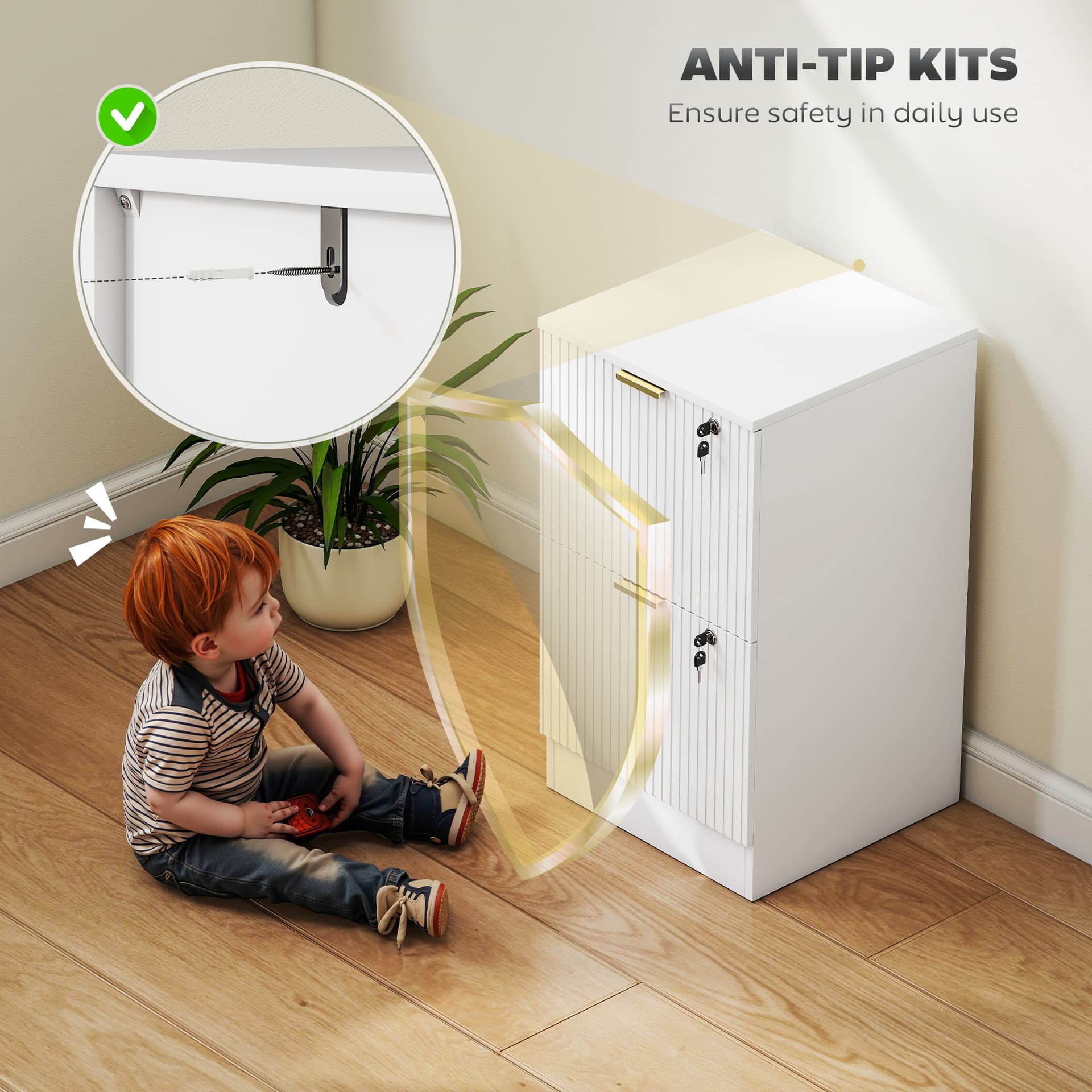 Lockable Filing Cabinet with 2 Fluted Drawers, File Cabinet with Adjustable Hanging Rails for A4 Letter Files, White