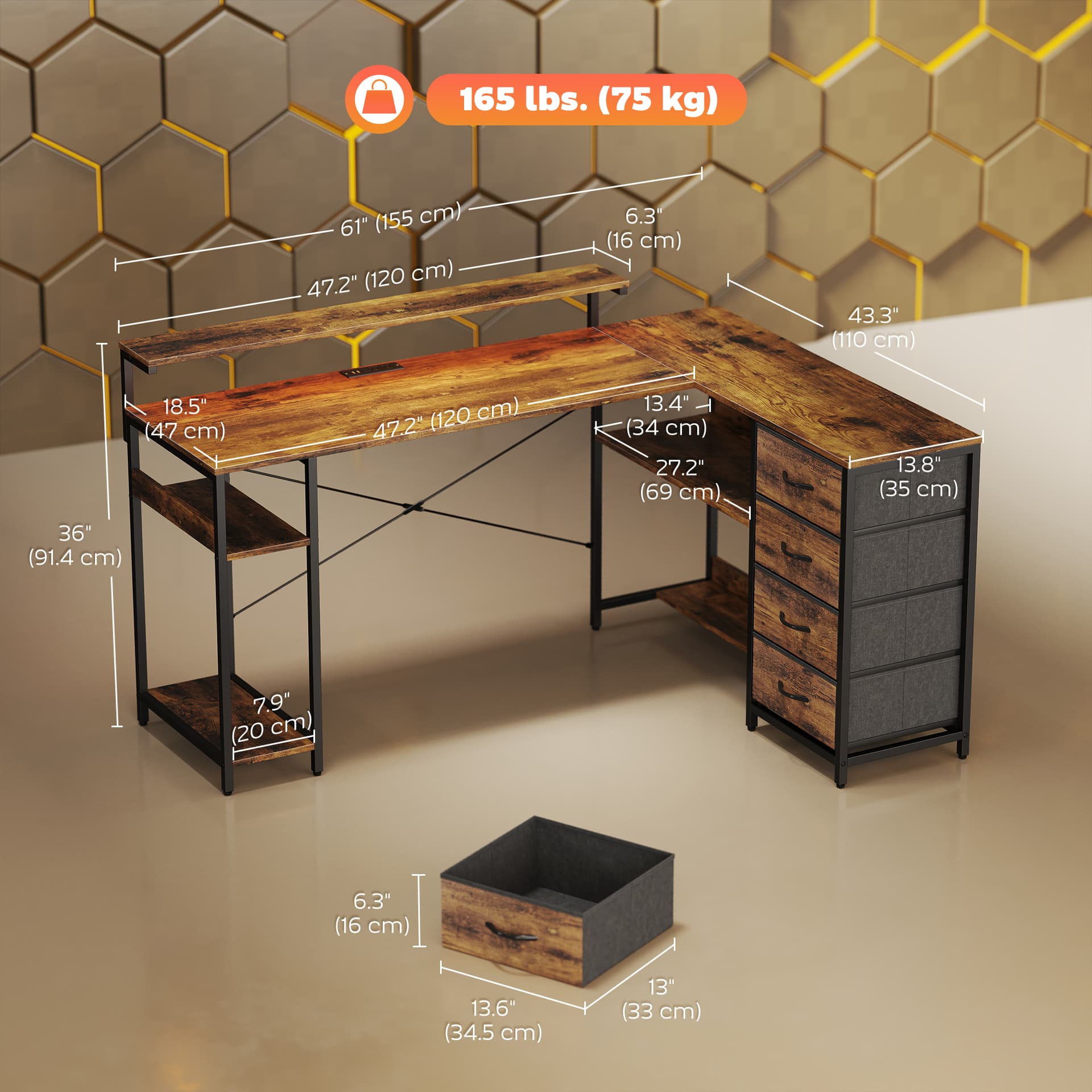 Gaming Desk with Power Outlets LED Lights Computer Desk with Drawers Monitor Stand 61" Rustic Brown