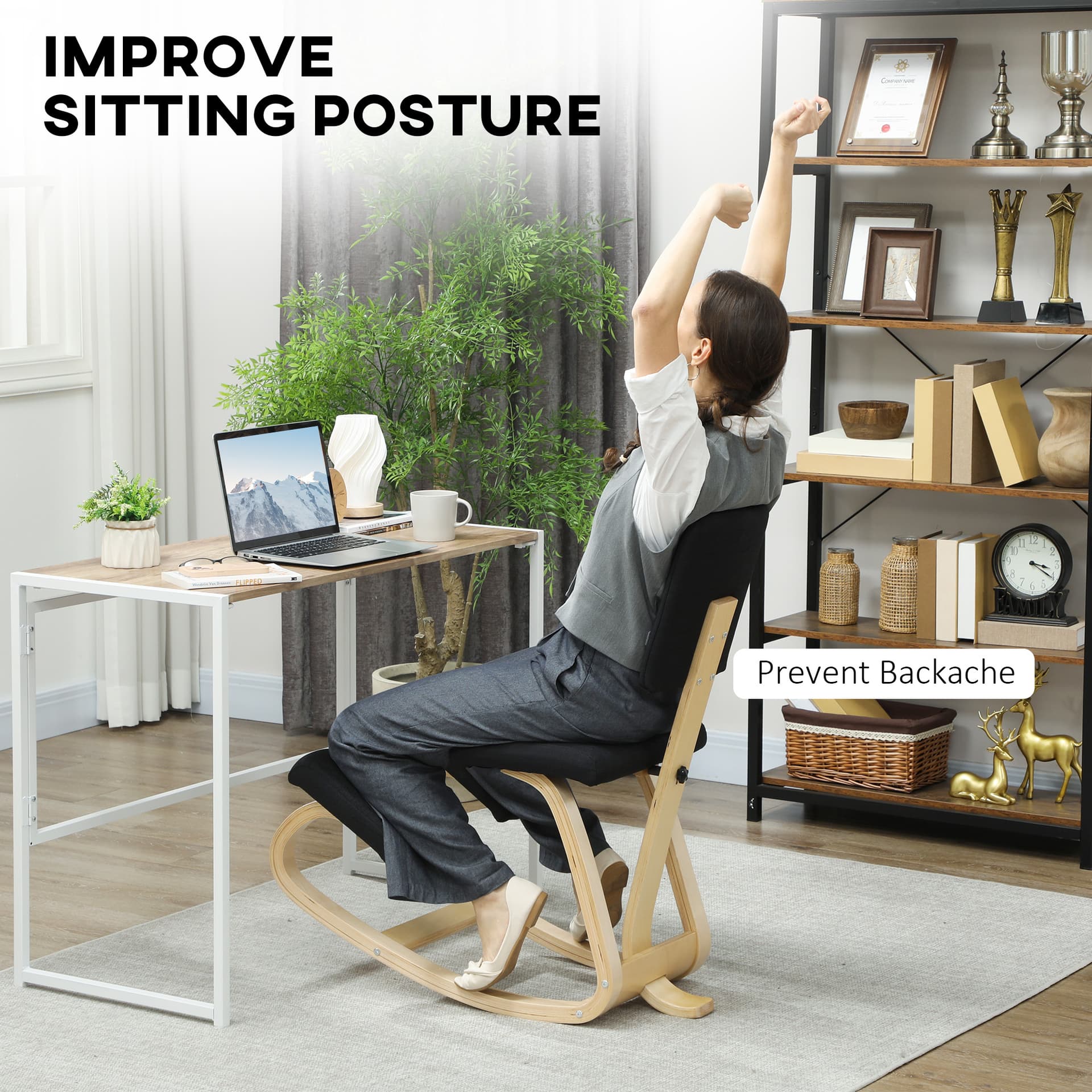 Ergonomic Kneeling Chair, Rocking Wood Kneel Stool with Backrest for Improve Posture, Back Pain, Black