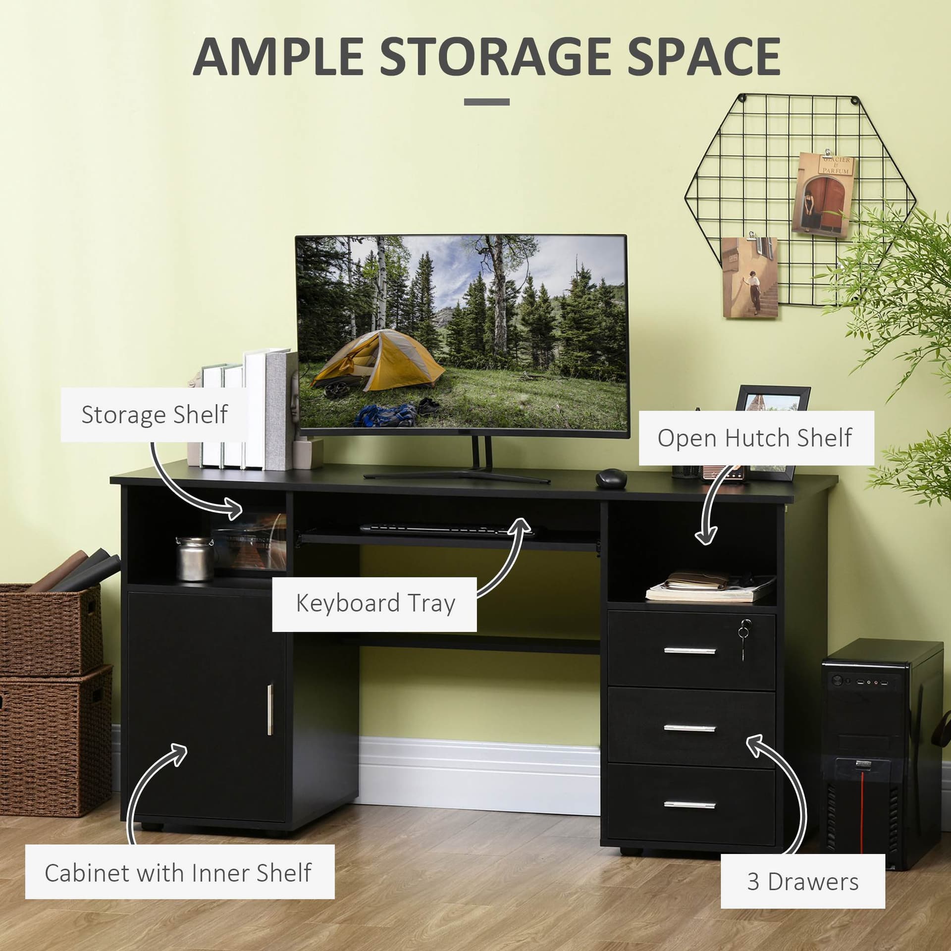 57" Computer Desk with Drawers, Home Office Desk with Keyboard Tray, Open Shelves and Lockable Drawer, Writing Workstation for Study, Black