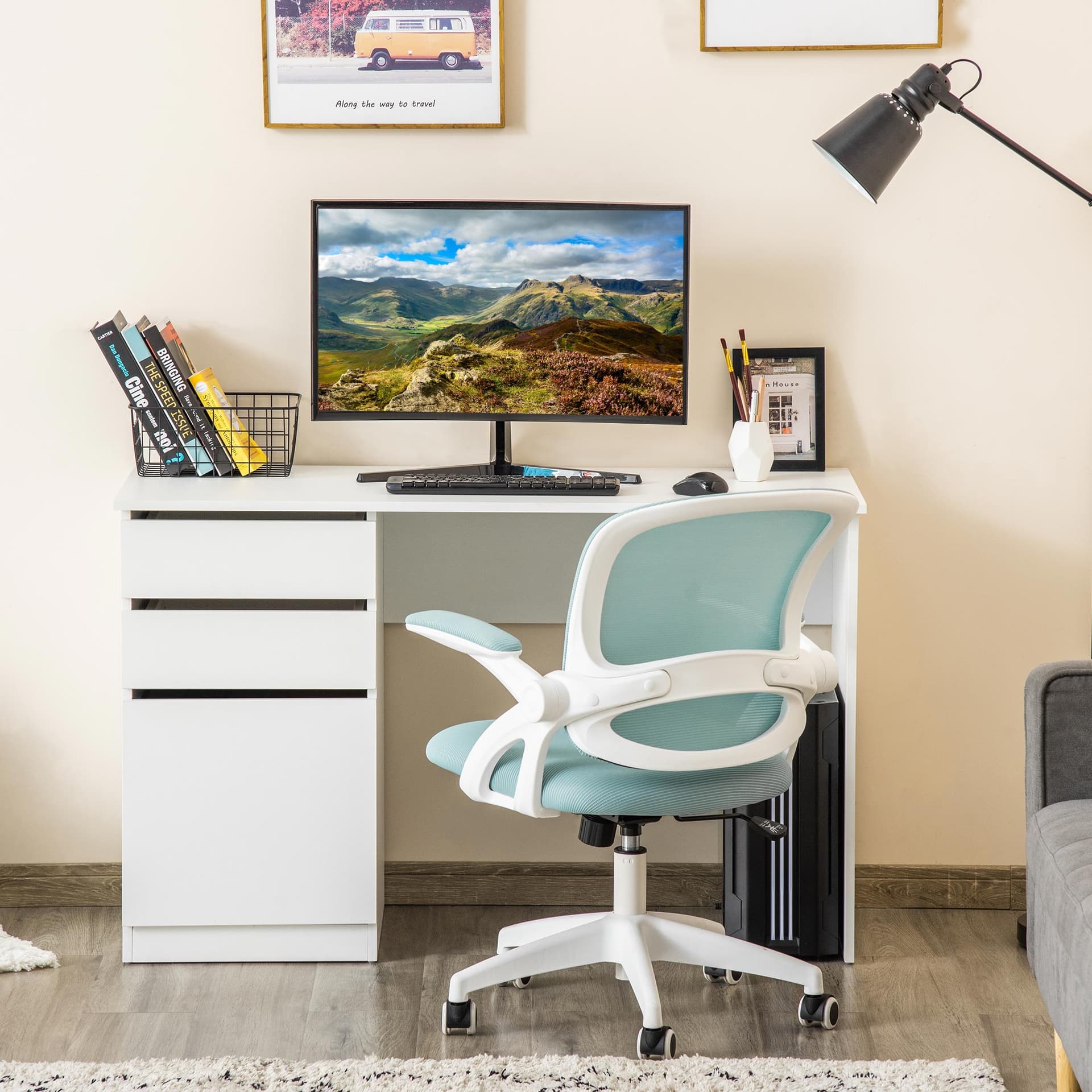 Modern Computer Desk, Home Office Desk for Study, Writing Workstation with Storage Drawer and Cabinet for Living Room, White