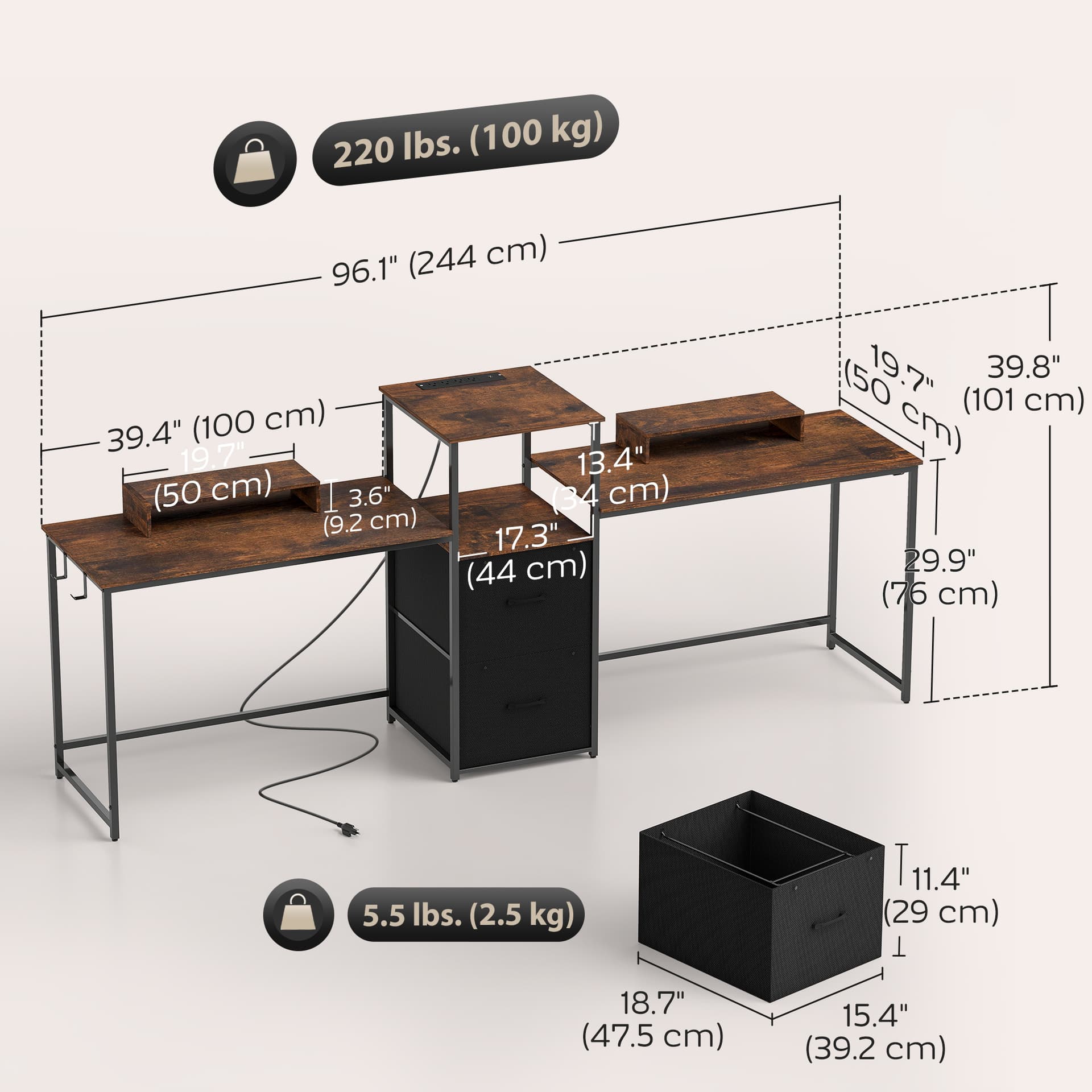 96 Inch Gaming Desk, Dual Computer Desk for 2 Person with Power Outlets and Monitor Stands, Rustic Brown