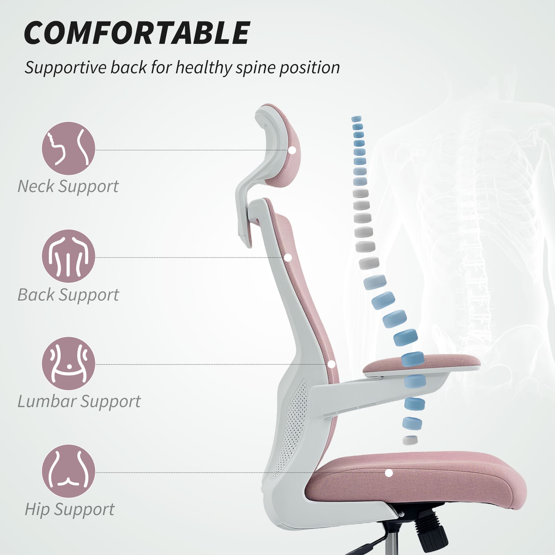 Ergonomic Office Chair, Swivel Desk Chair with Adjustable Lumbar Support, Headrest and Height, Flip-up Armrests, Pink