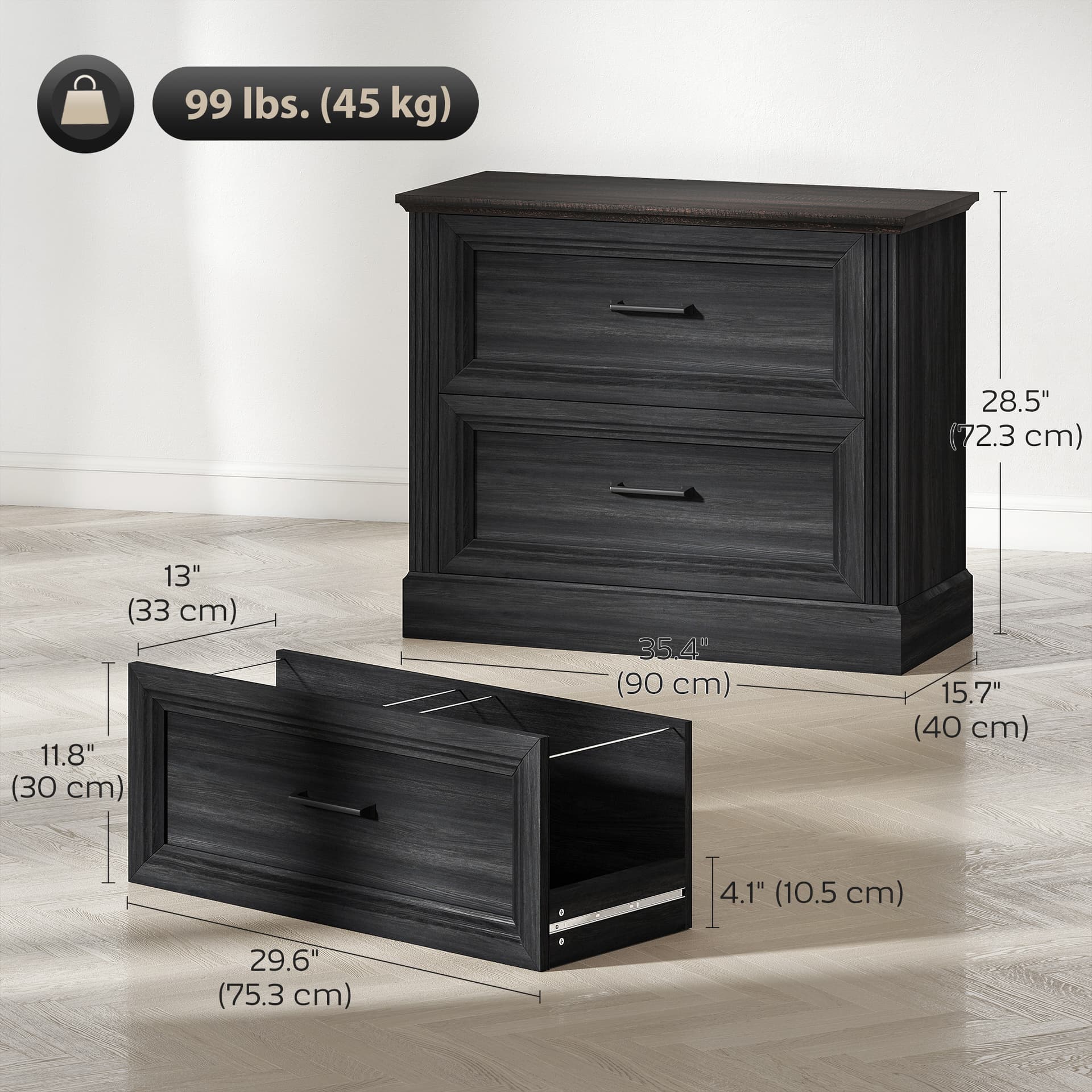 Lateral Filing Cabinet, Farmhouse File Cabinet with 2 Silent Drawers for Letter/A4/Legal Size Files, Black