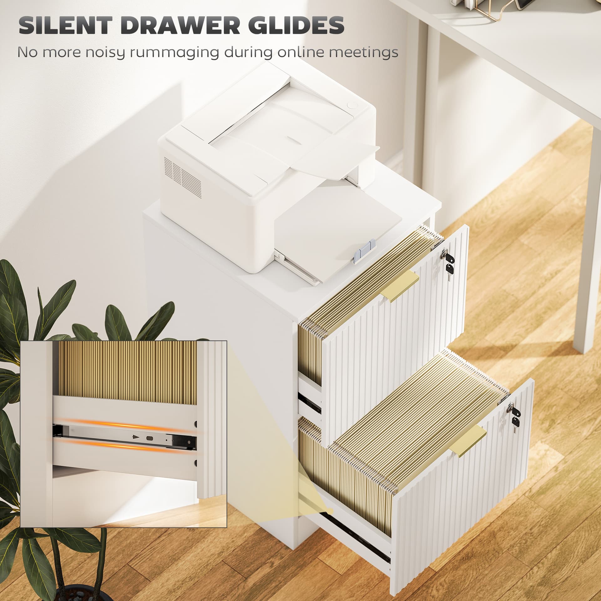 Lockable Filing Cabinet with 2 Fluted Drawers, File Cabinet with Adjustable Hanging Rails for A4 Letter Files, White