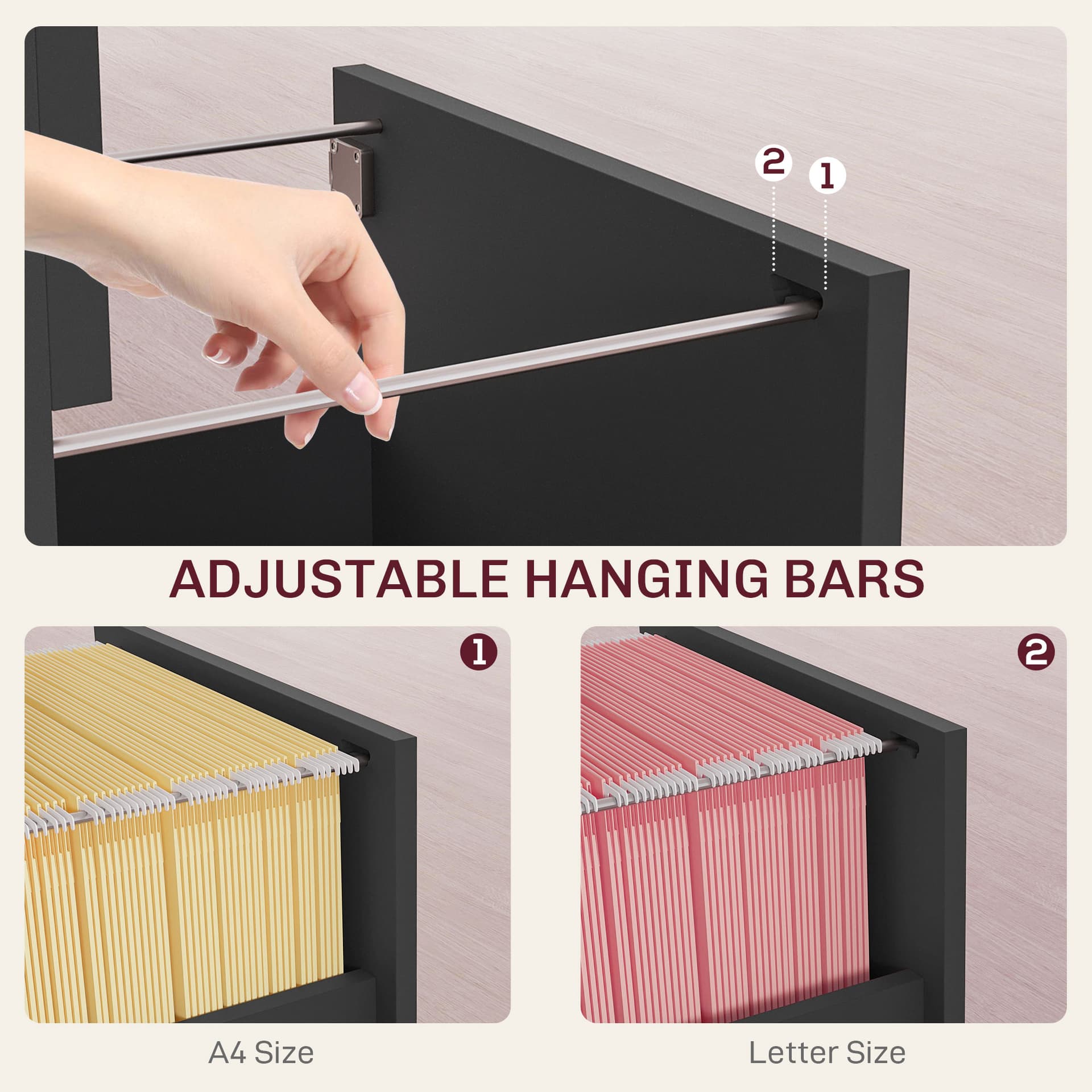 2-Drawer Small Filing Cabinet Lockable Home Office Storage Cabinet with Adjustable Hanging Bars for A4 Letter Black