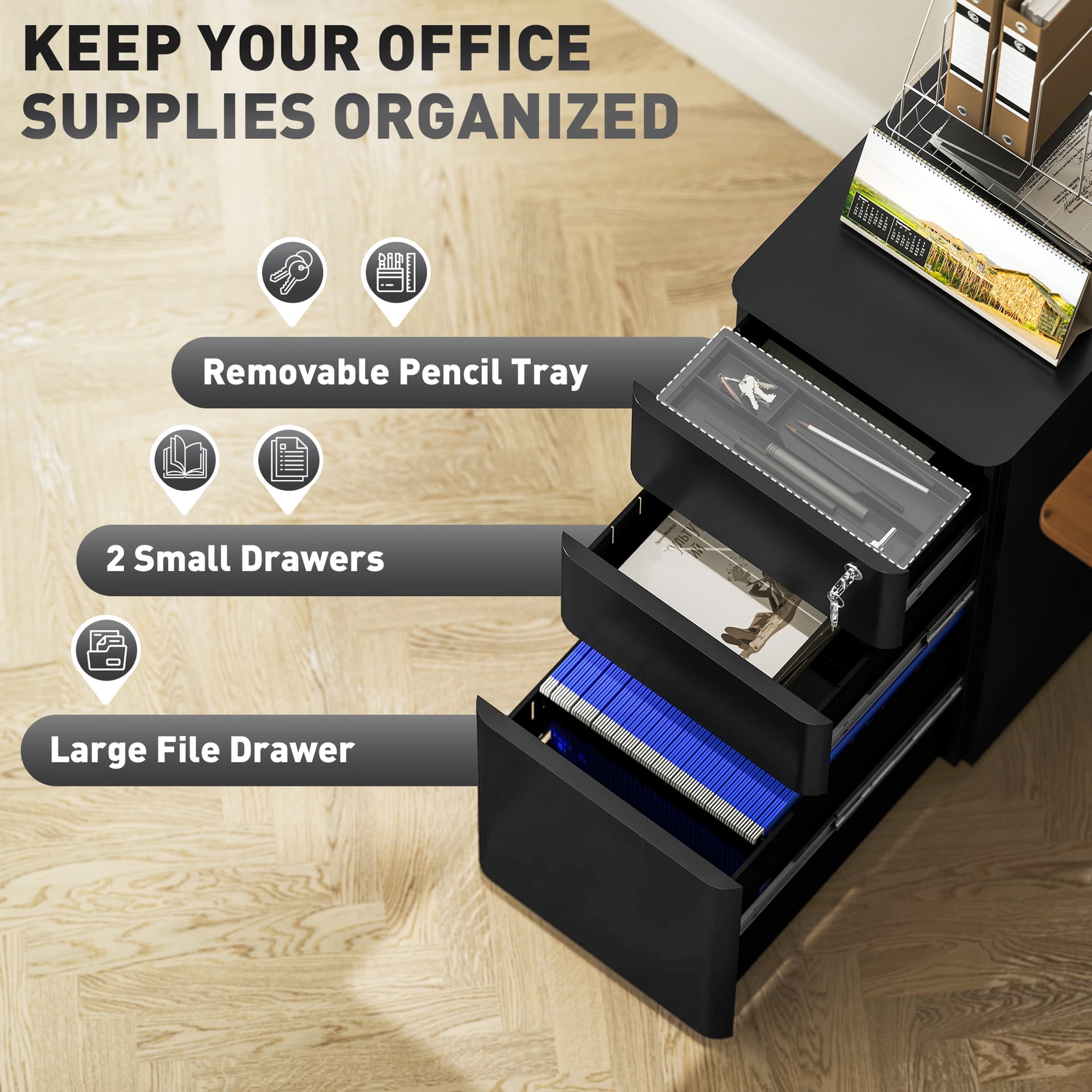 3 Drawer Filing Cabinet, Lockable Steel Office Storage Cabinet with Hanging Bar for Letter, A4, Legal Files, Black