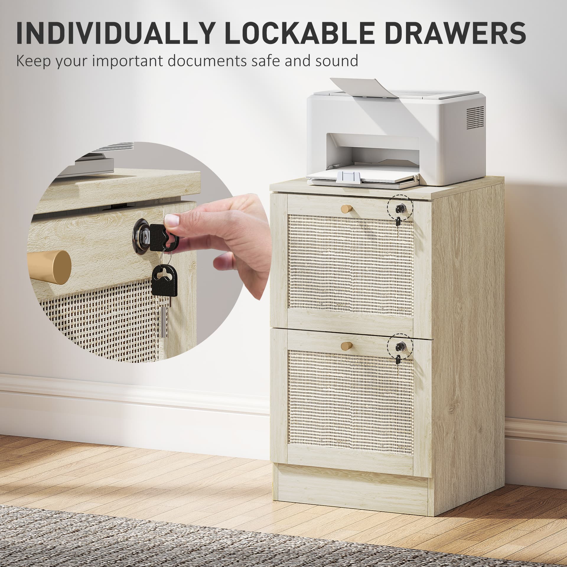 2 Drawer Filing Cabinet with Lock, Boho File Cabinet for A4 Letter Size Files with Decorative Rattan Accents, Oak - Office Cabinets & Cupboards - Office Furniture