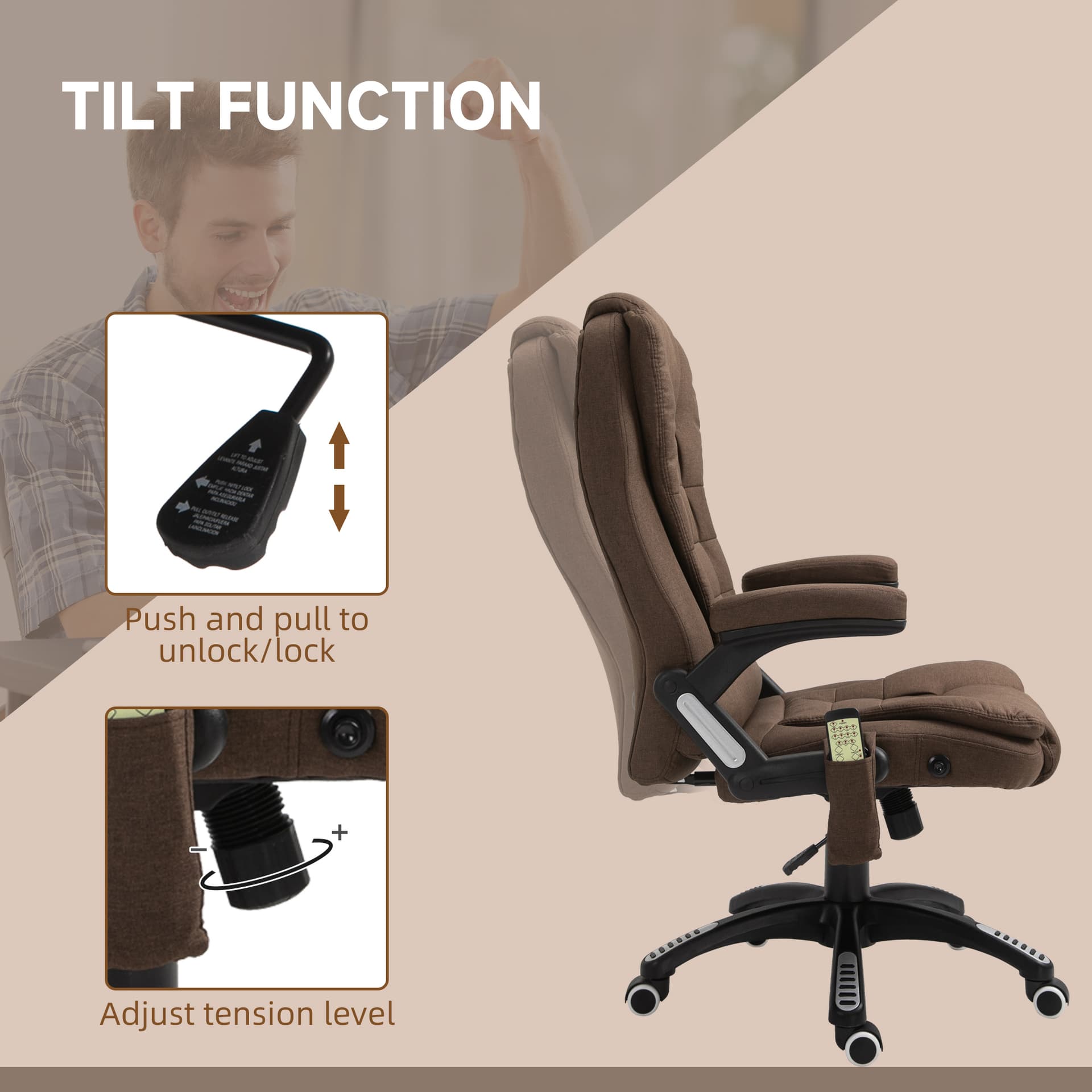 Reclining Massage Office Chair, Executive Office Chair with High Back, Swivel Wheels, Brown