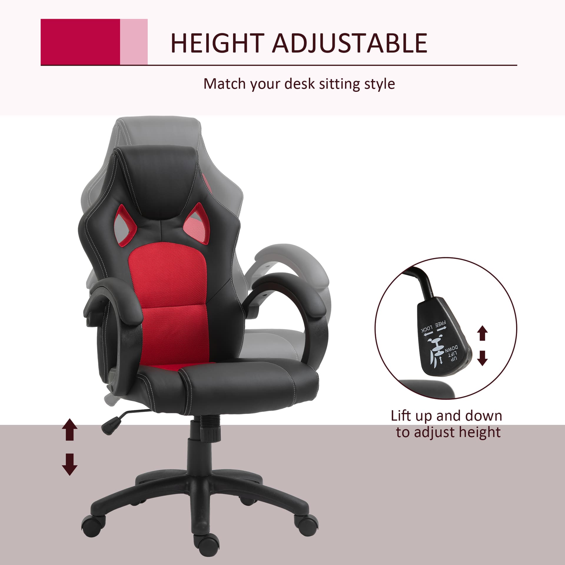 Racing Gaming Chair Office Chair Computer Desk Gamer Chair with Swivel Wheels, Padded Headrest, Tilt Function, Red
