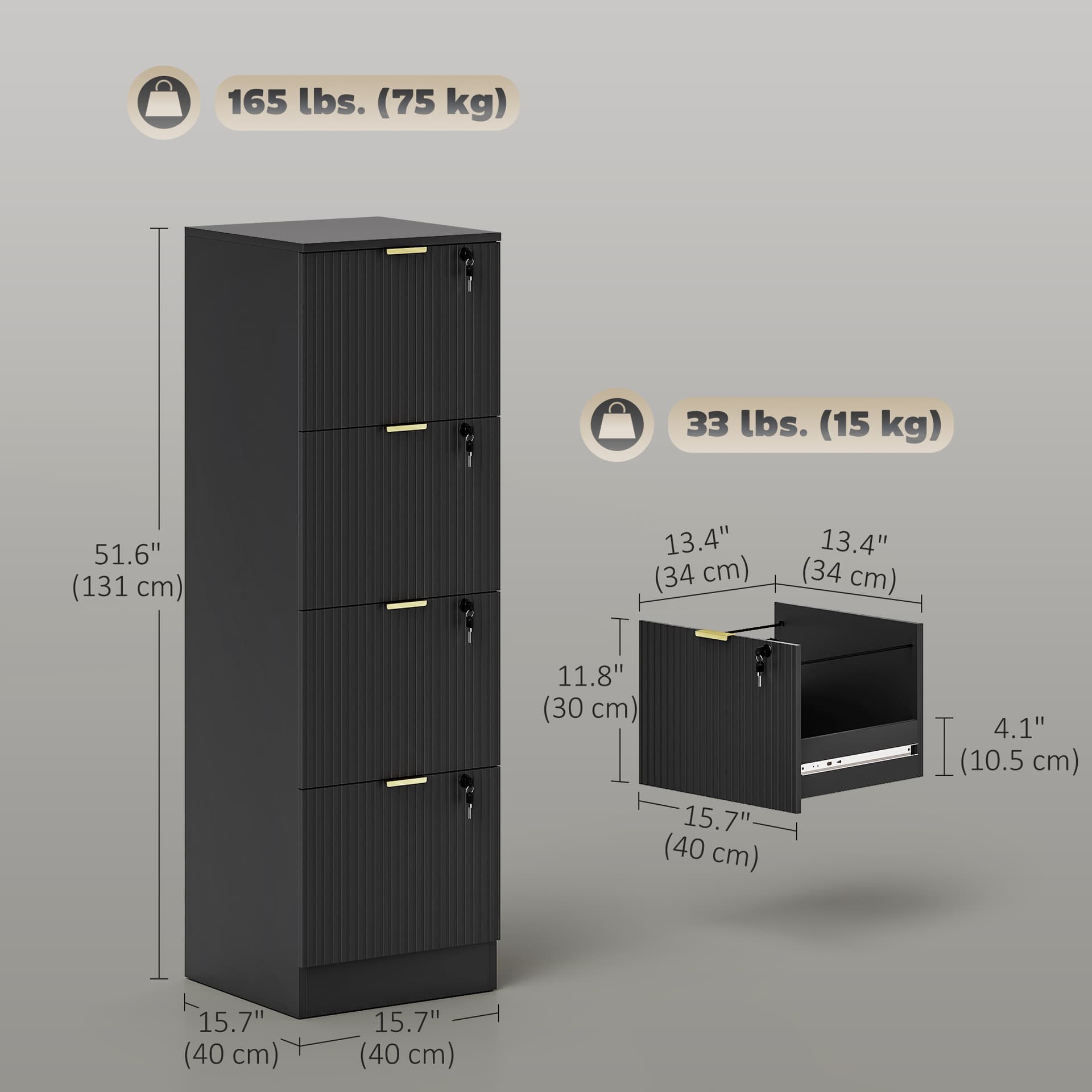 Lockable Filing Cabinet with 4 Fluted Drawers, File Cabinet with Adjustable Hanging Rails for A4 Letter Files, Black