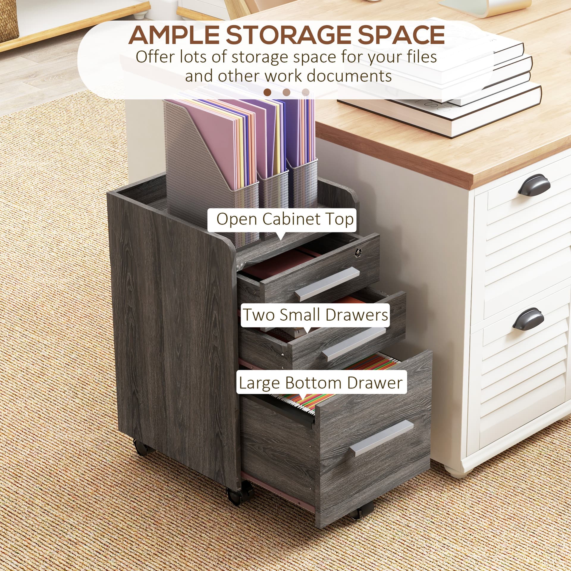 3 Drawer Vertical File Cabinet, Mobile Filing Cabinet with Lock and Wheels for A4, Letter Size, Grey