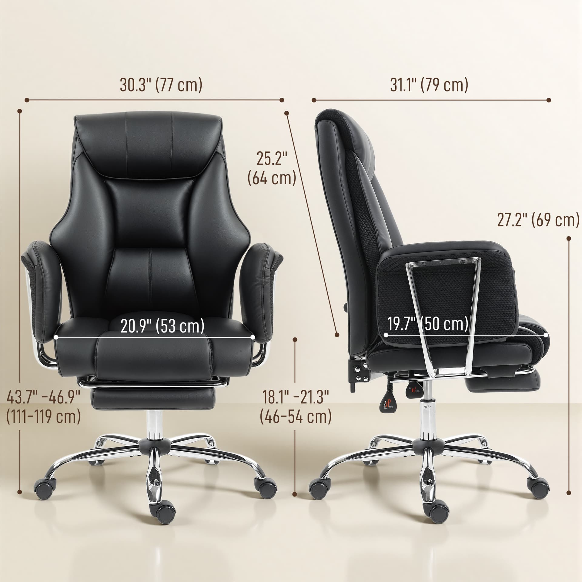 Reclining Office Chair, Overstuffed Executive Desk Chair with High Back, PU Leather, Footrest, Swivel Wheels, Black
