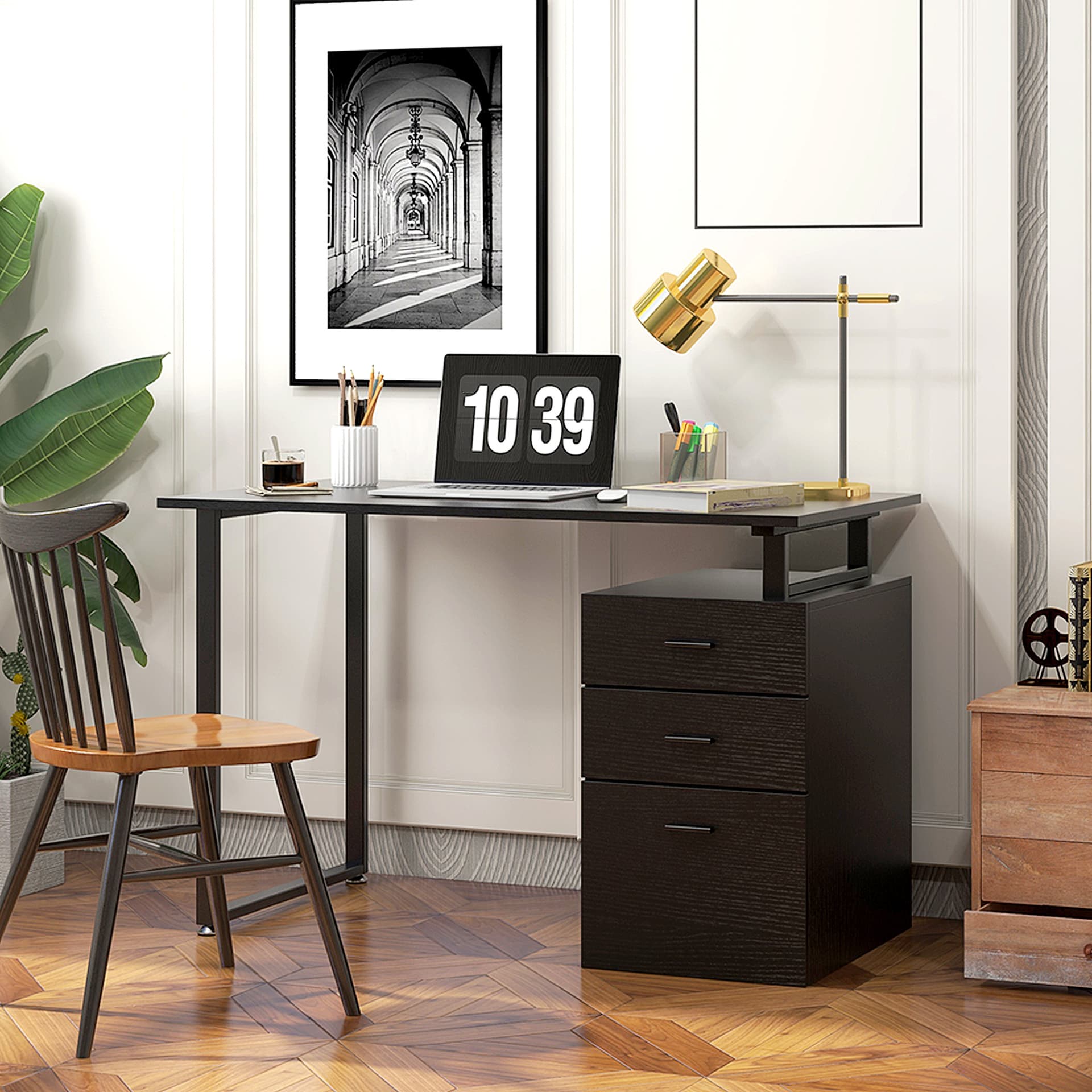 47" Computer Desk with Drawers, Modern Writing Desk with Storage File Drawers for Home Office, Study, Black