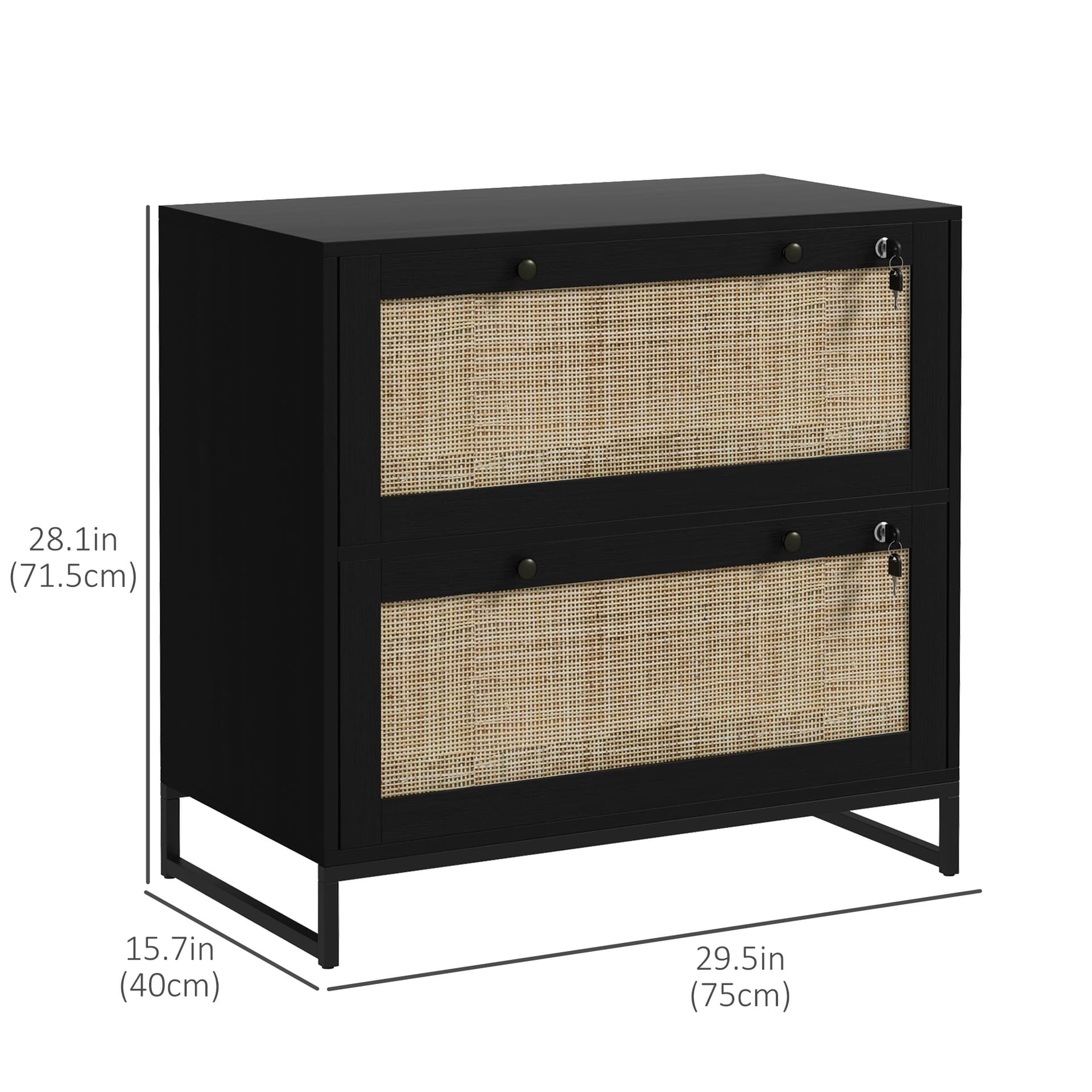 2-Drawer Filing Cabinet with Lock, Rattan File Cabinet with Adjustable Hanging Bar, Black