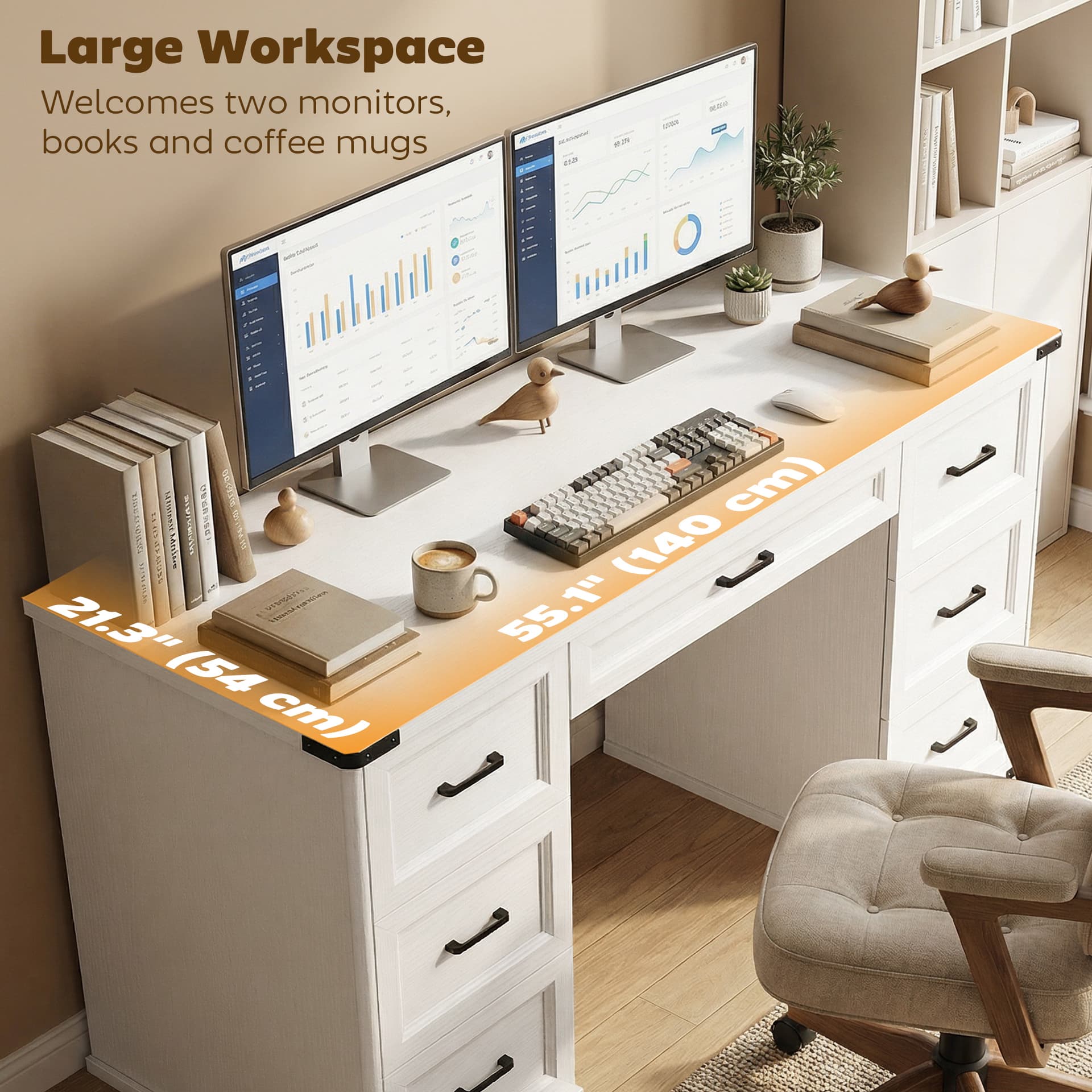 55" Computer Desk with 7 Drawers, Farmhouse Executive Desk for Home Office, Study, Bedroom, White Wood Grain