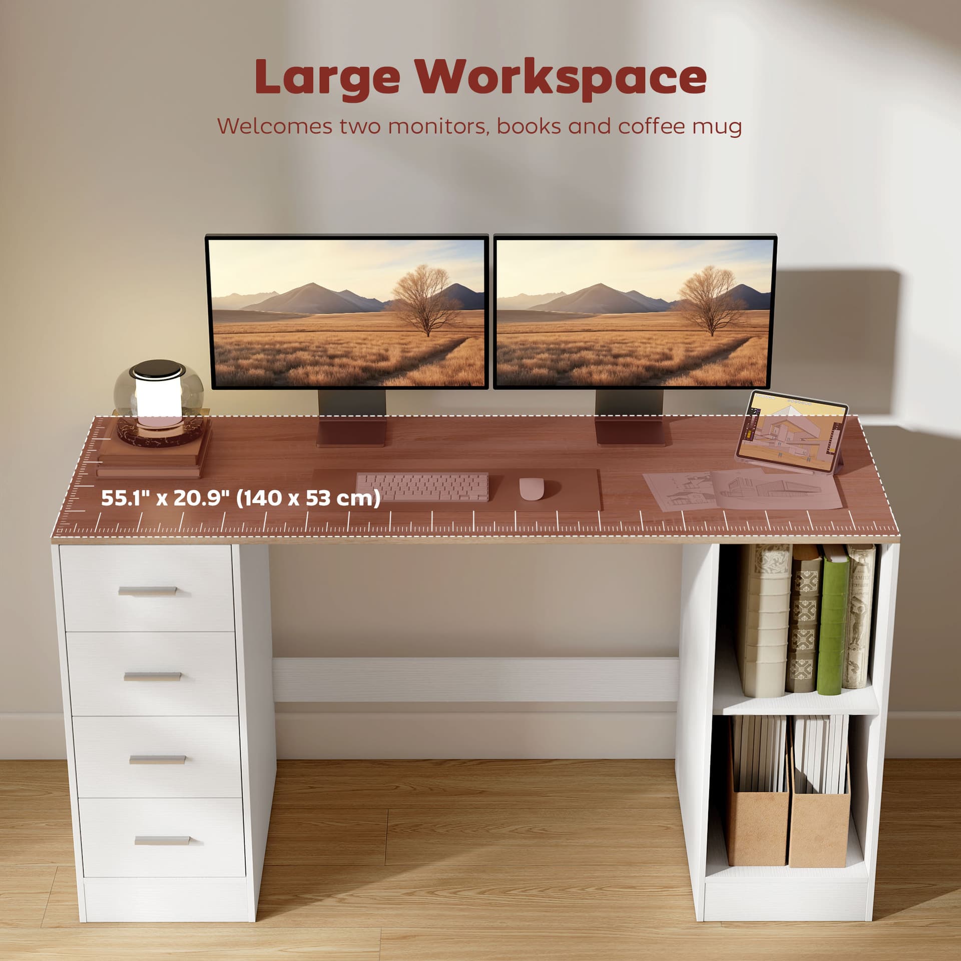 Office Desk, 55" Computer Desk with 4 Reversible Drawers, Mobile PC Stand, Adjustable Shelf, White Wood Grain