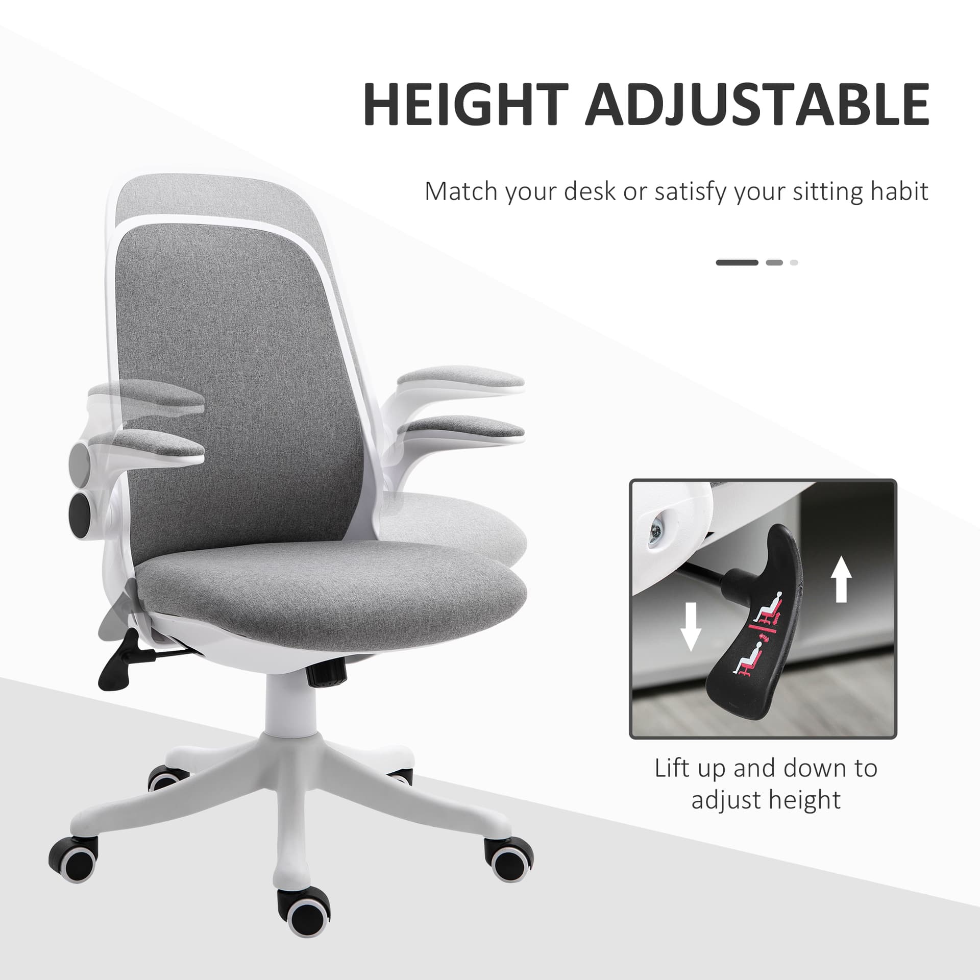360° Swivel Office Chair Task Chair, Breathable Fabric Computer Chair with Flip-up Arms and Adjustable Height, Grey