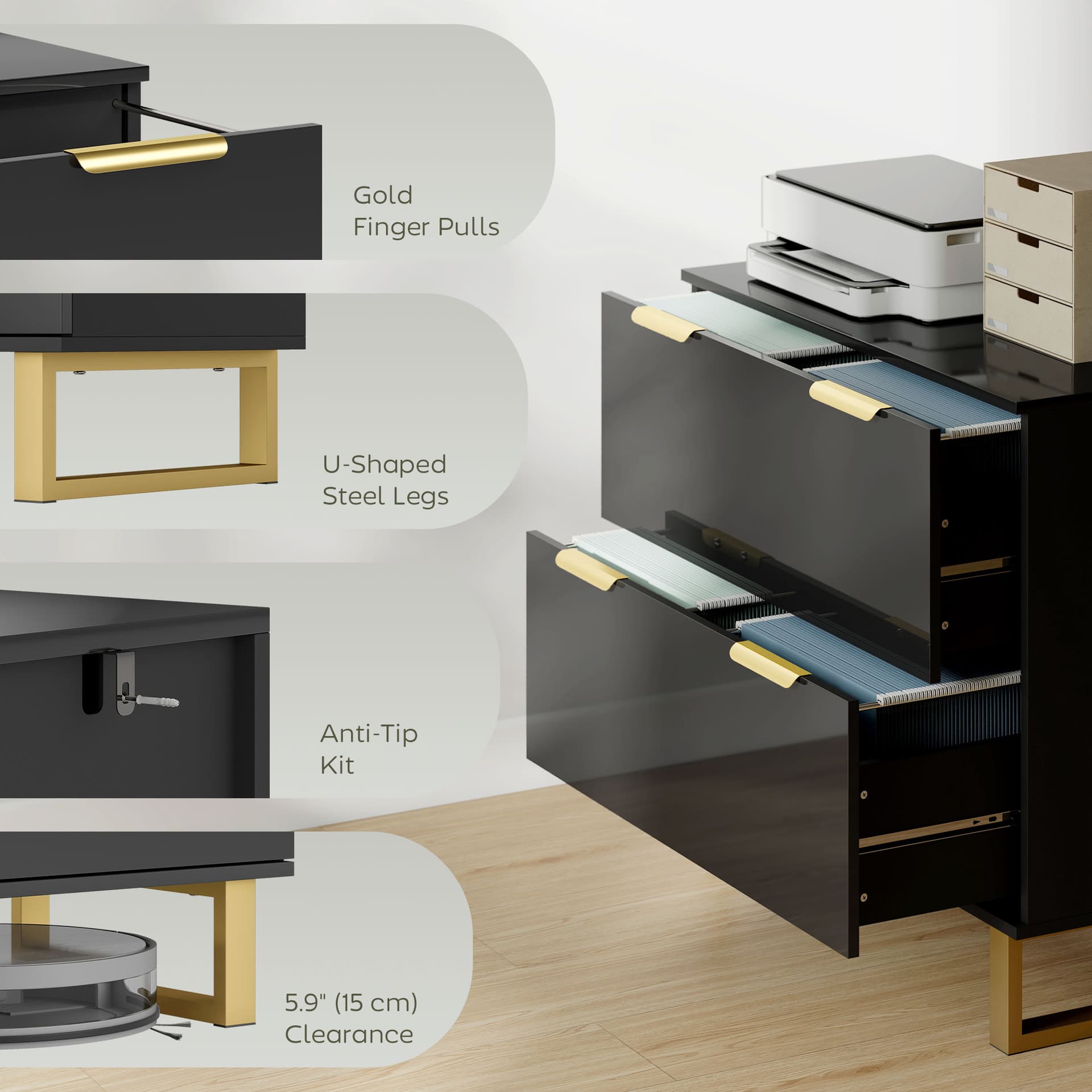 Lateral File Cabinet with 2 Drawers, Modern Filing Cabinet for Letter/A4/Legal Size Files, High Gloss Black