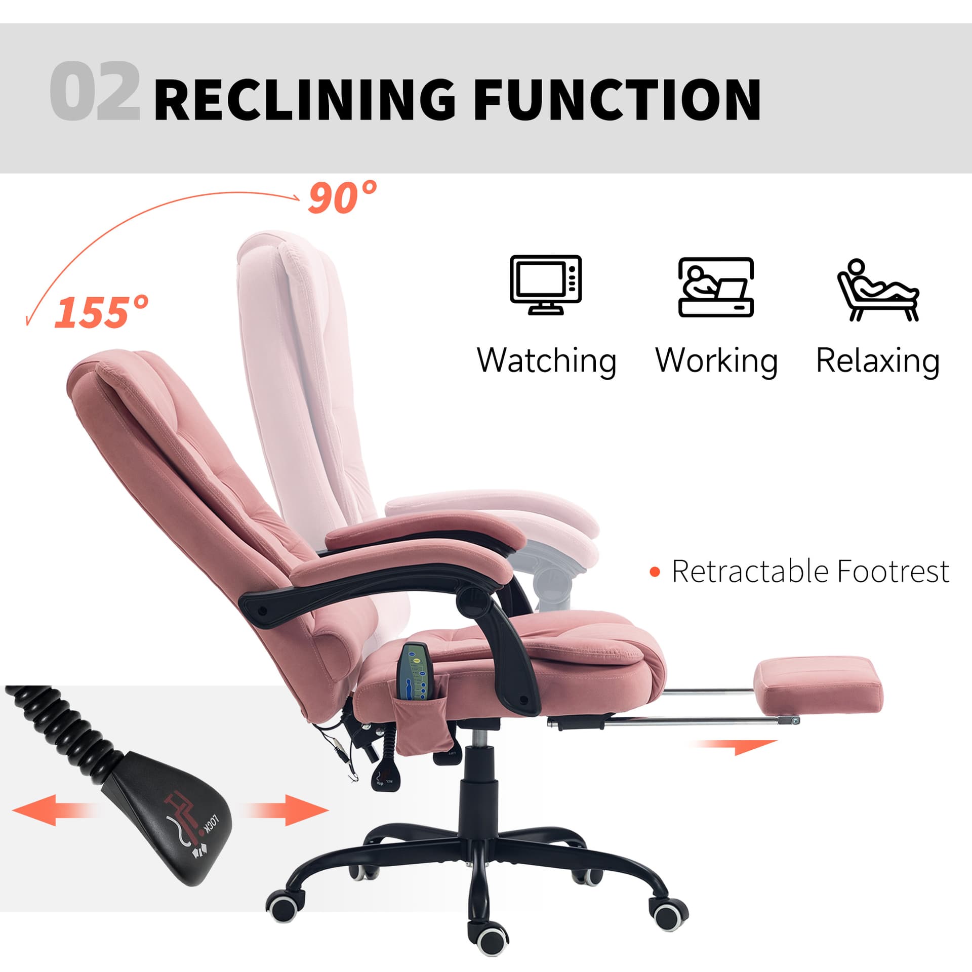 7-Point Vibrating Massage Chair, Reclining Office Chair with Footrest, Reclining Back, Adjustable Height, Pink